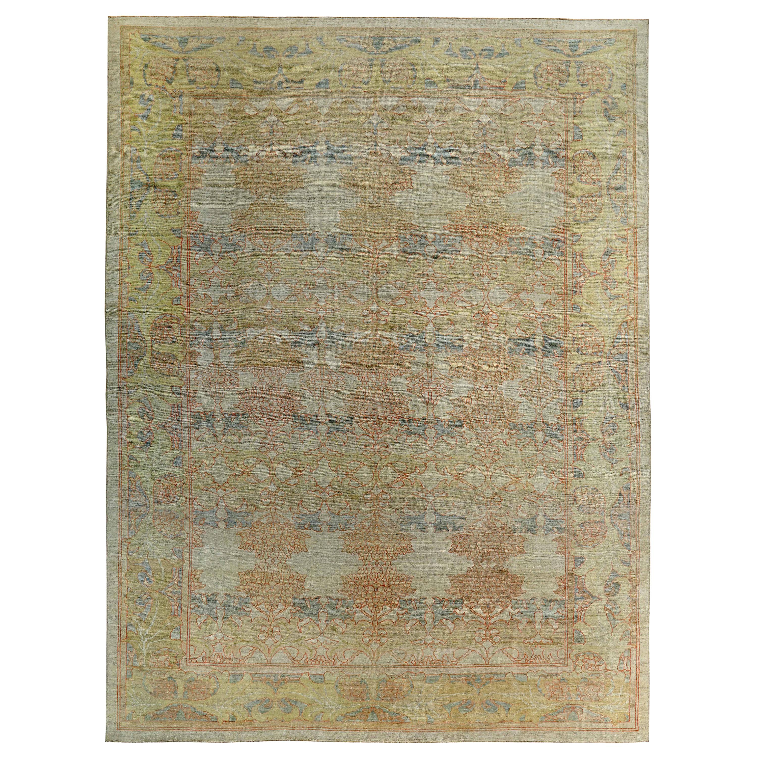 New Turkish Oushak Rug with Green and Gray Floral Details on Ivory Field For Sale