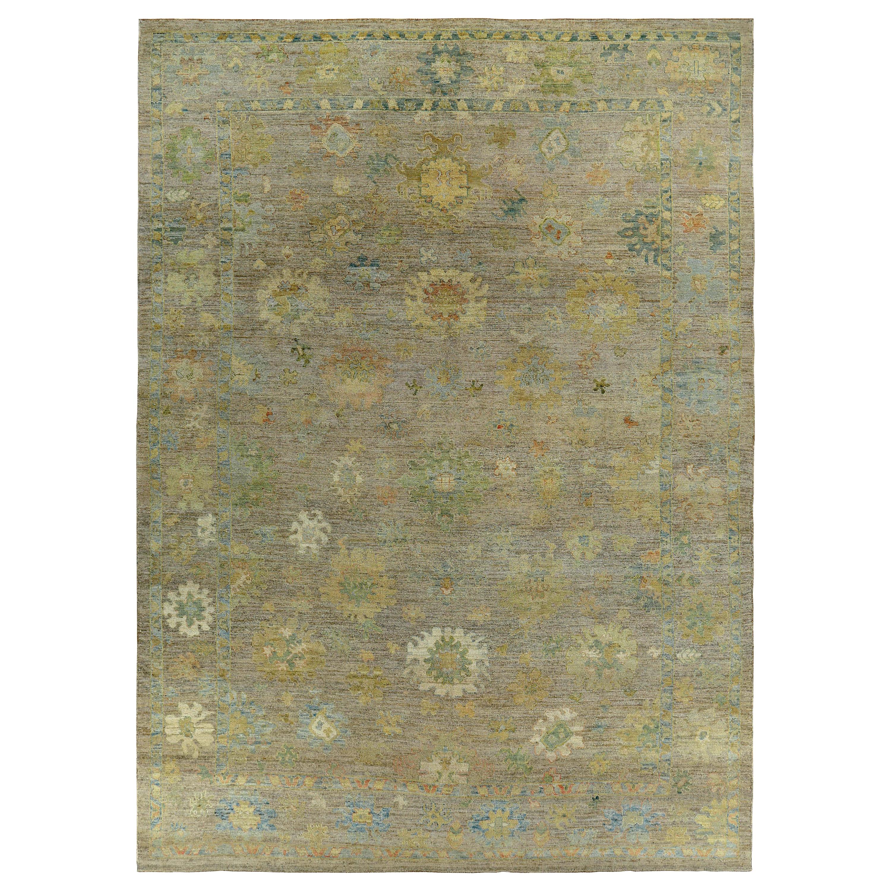 New Turkish Oushak Rug with Green and Yellow Floral Design on a Brown Field
