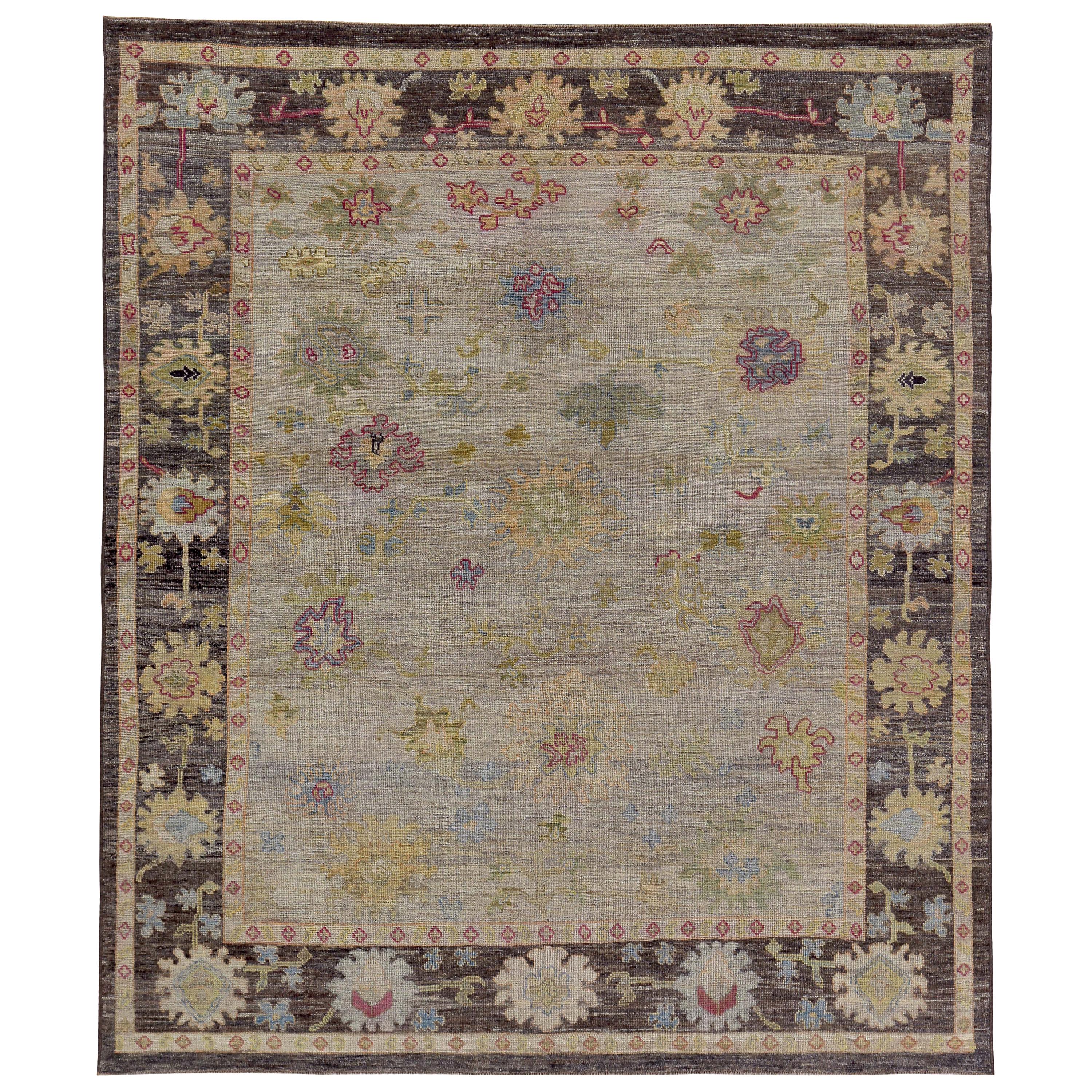 New Turkish Oushak Rug with Green and Yellow Floral Design on a Brown Field