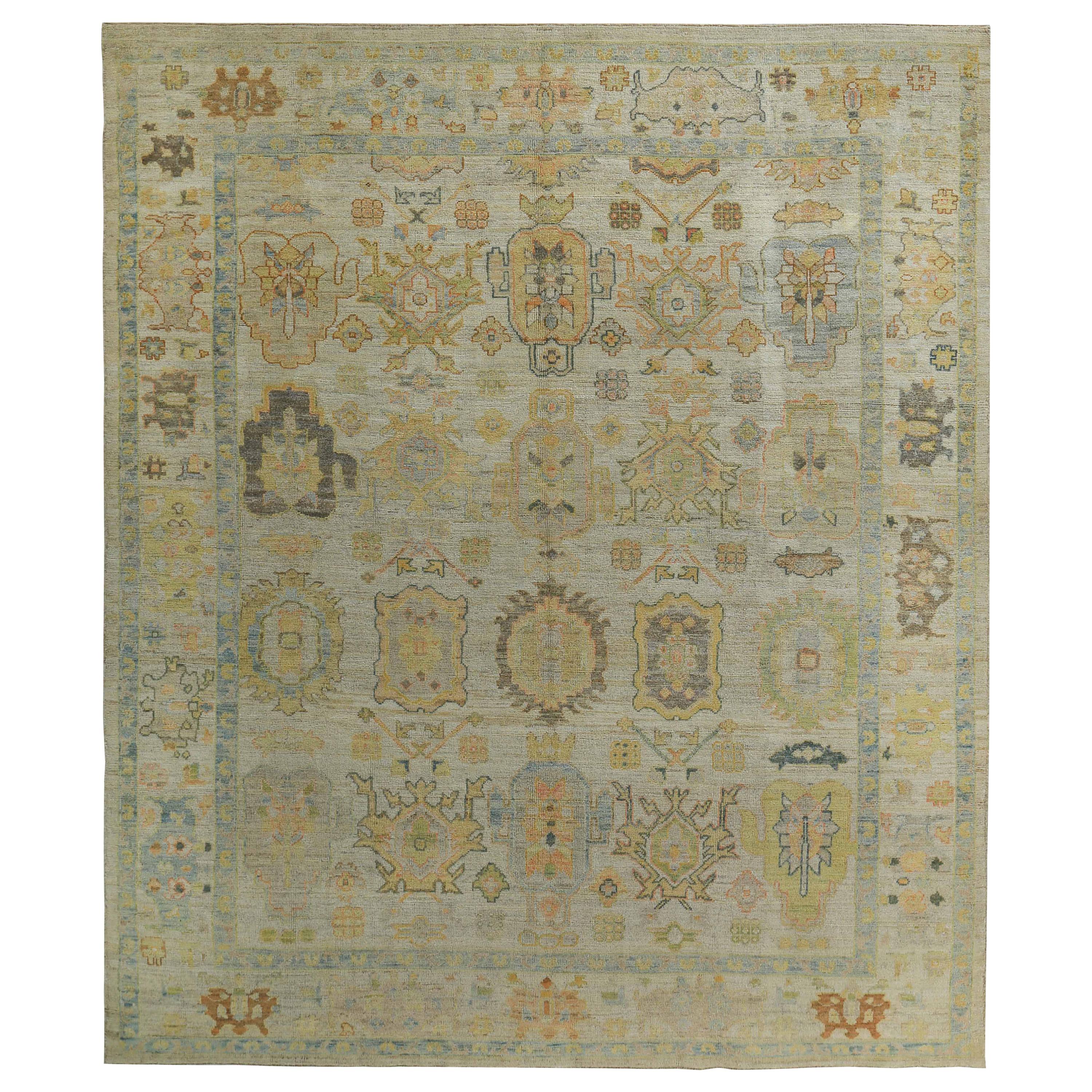 New Turkish Oushak Rug with Green and Yellow Floral Details on Ivory Field
