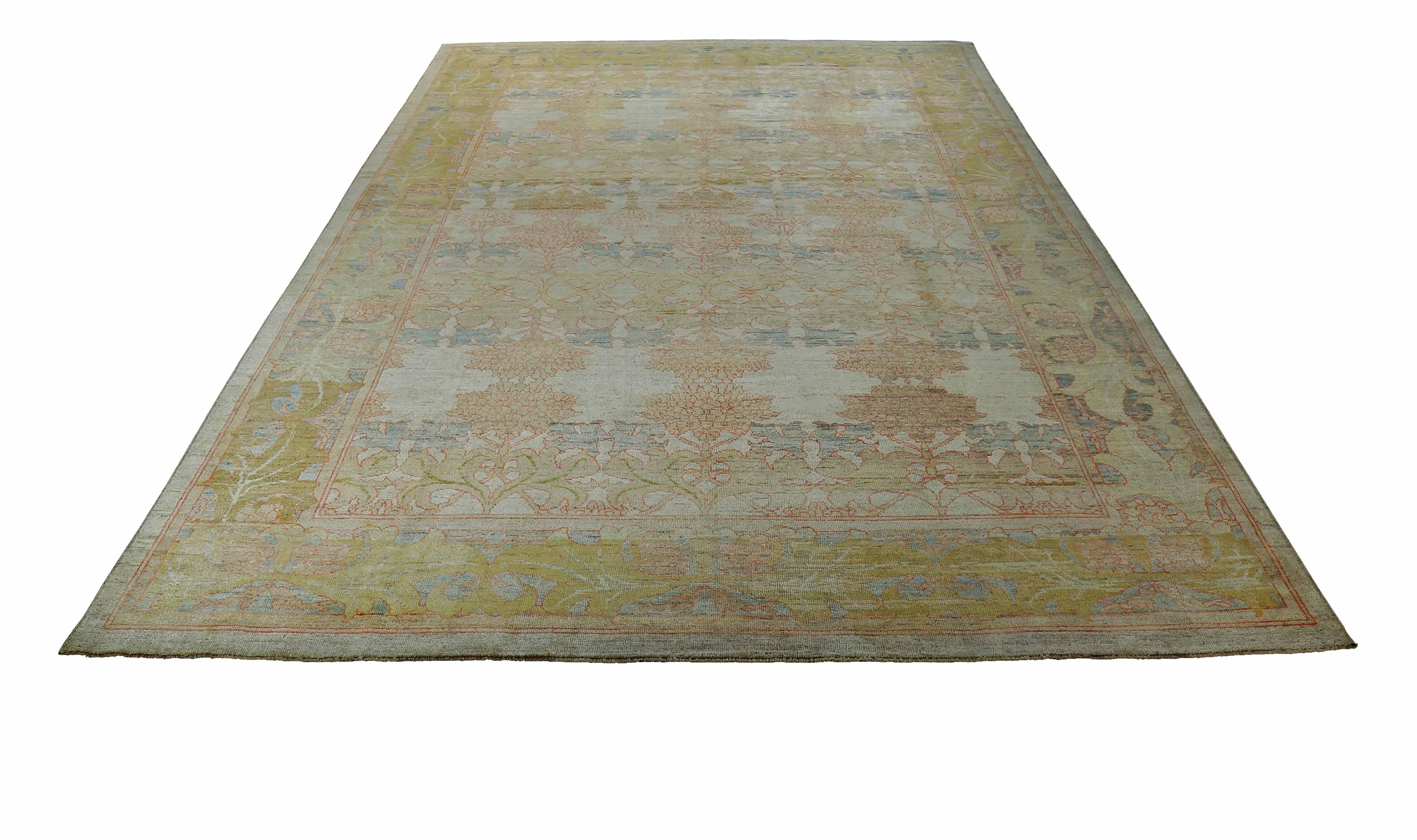 New Turkish rug made of handwoven sheep’s wool of the finest quality. It’s colored with organic vegetable dyes that are certified safe for humans and pets alike. It features yellow and green floral details on an elegant brown field. Flower patterns