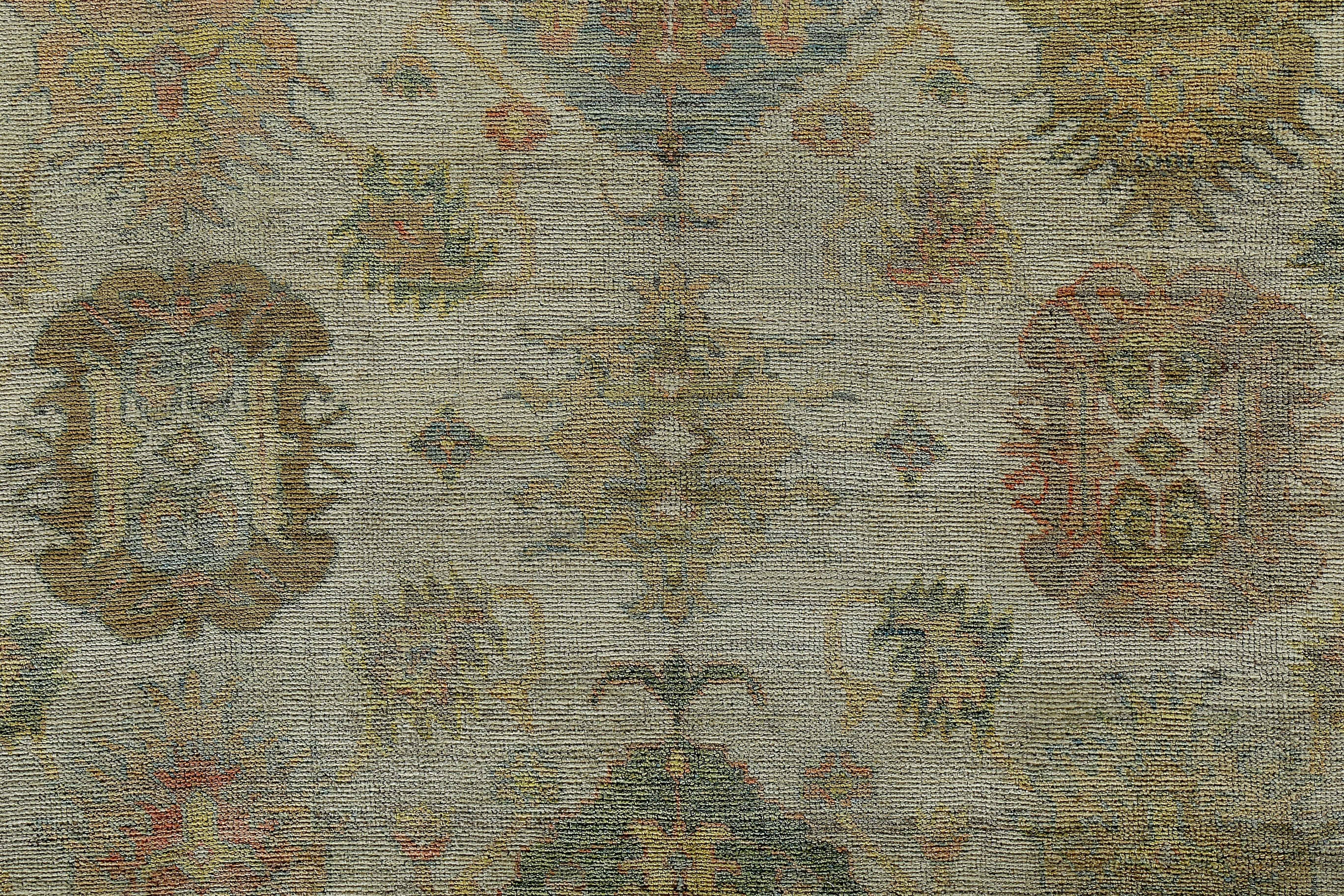 Hand-Woven New Turkish Oushak Rug with Green and Gray Flower Head Details on Ivory Field For Sale