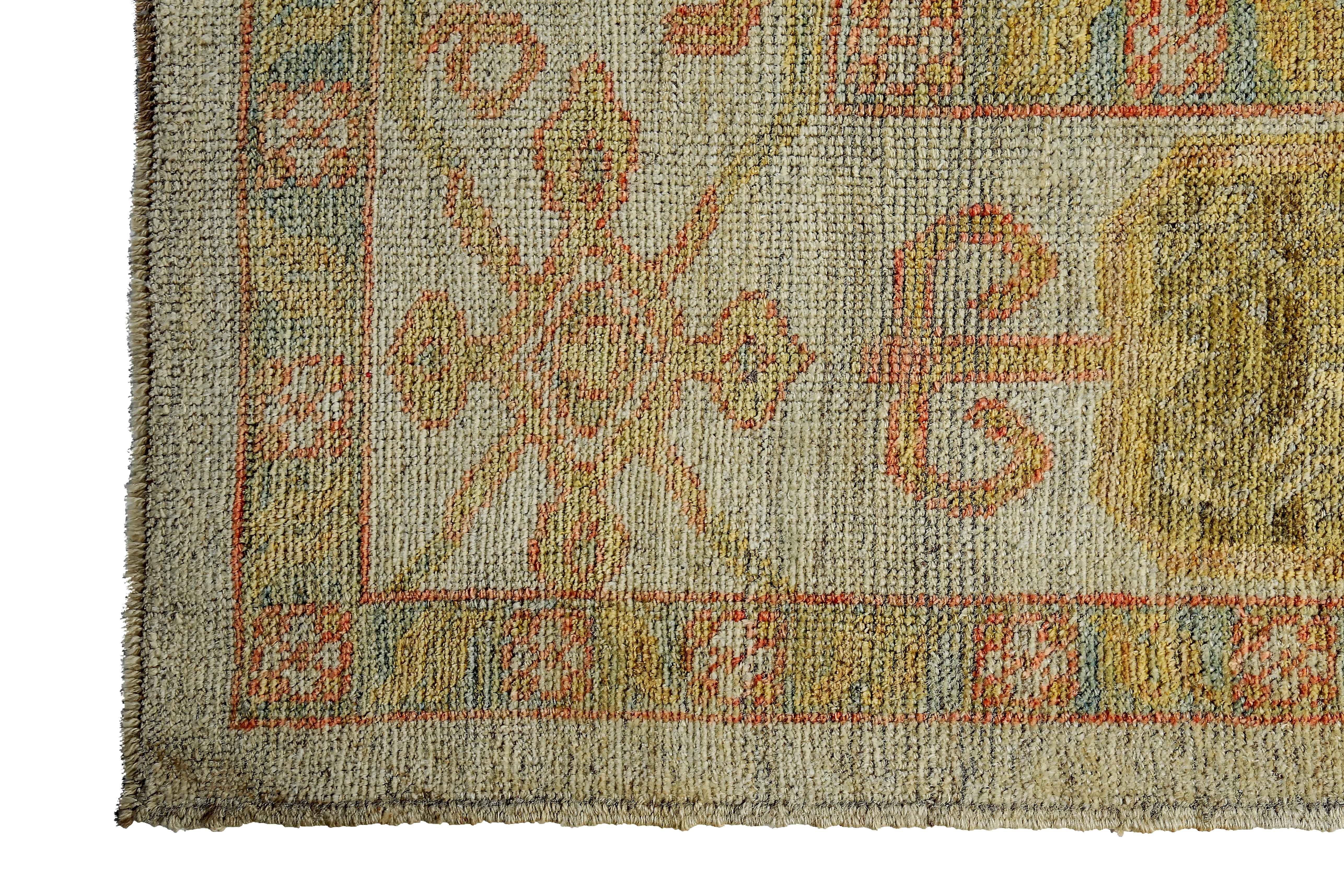 Contemporary New Turkish Oushak Rug with Green and Gray Flower Head Details on Ivory Field For Sale