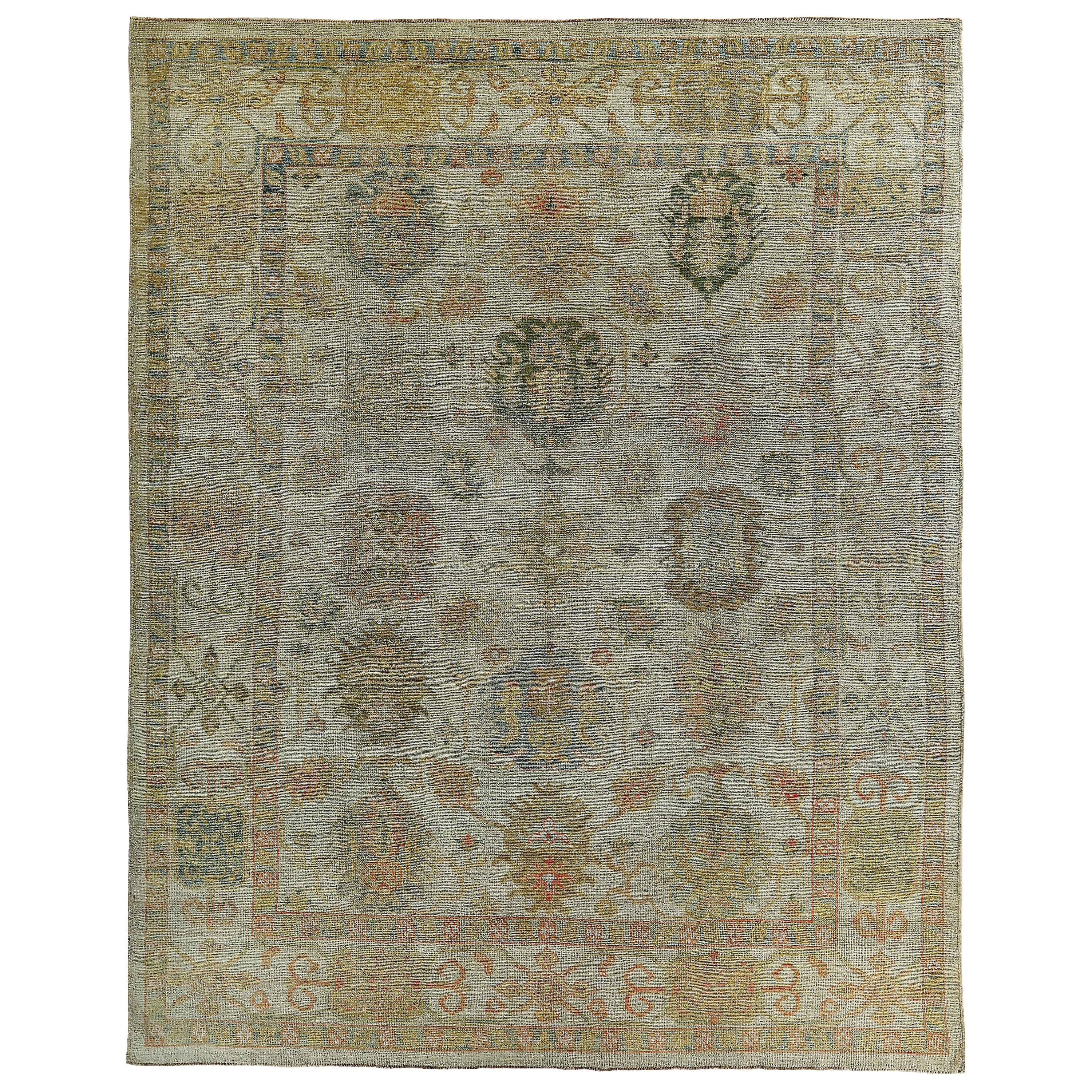 New Turkish Oushak Rug with Green and Gray Flower Head Details on Ivory Field