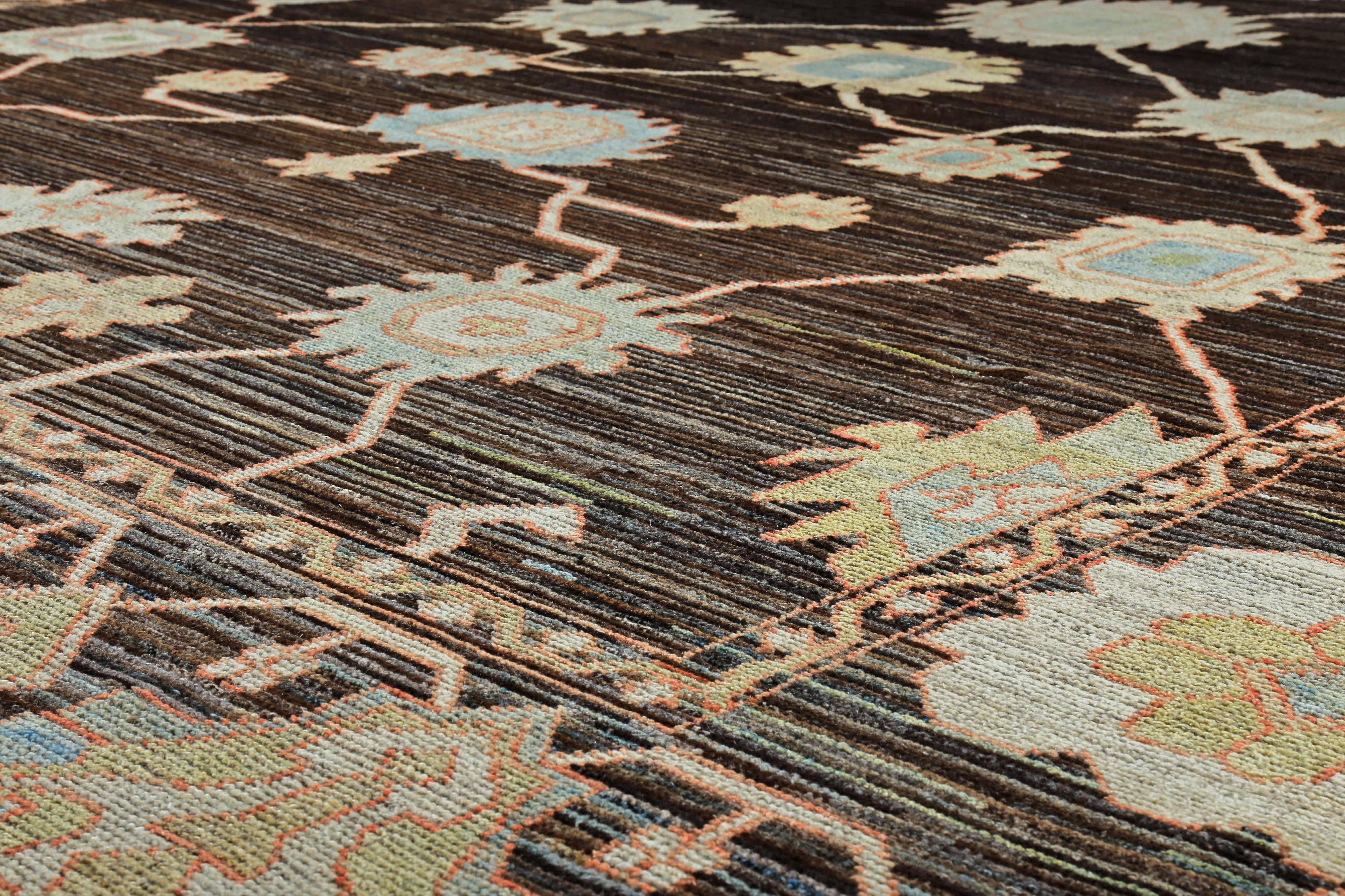 Hand-Woven New Turkish Oushak Rug with Green & Light Blue Floral Details on Brown Field For Sale