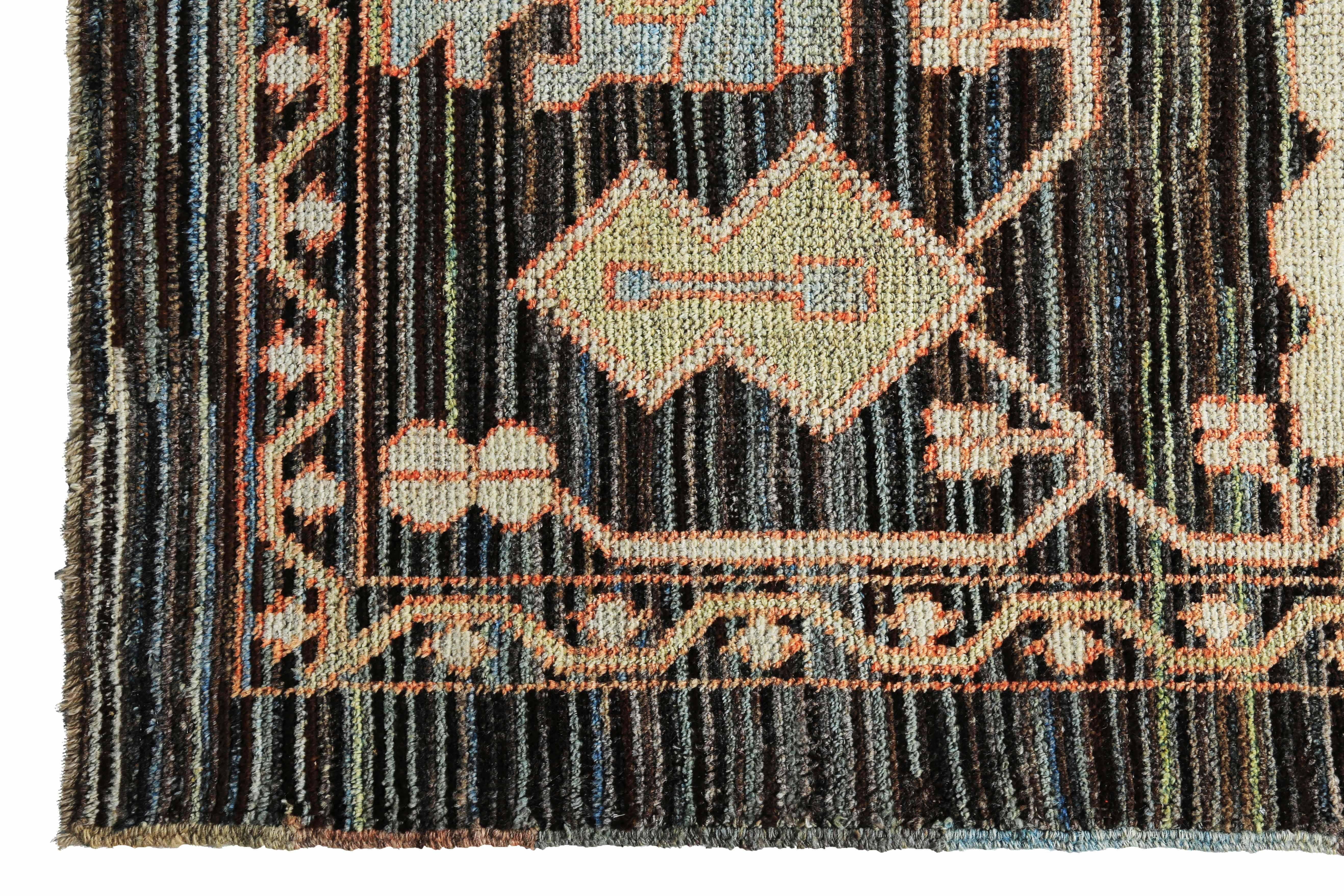 Contemporary New Turkish Oushak Rug with Green & Light Blue Floral Details on Brown Field For Sale