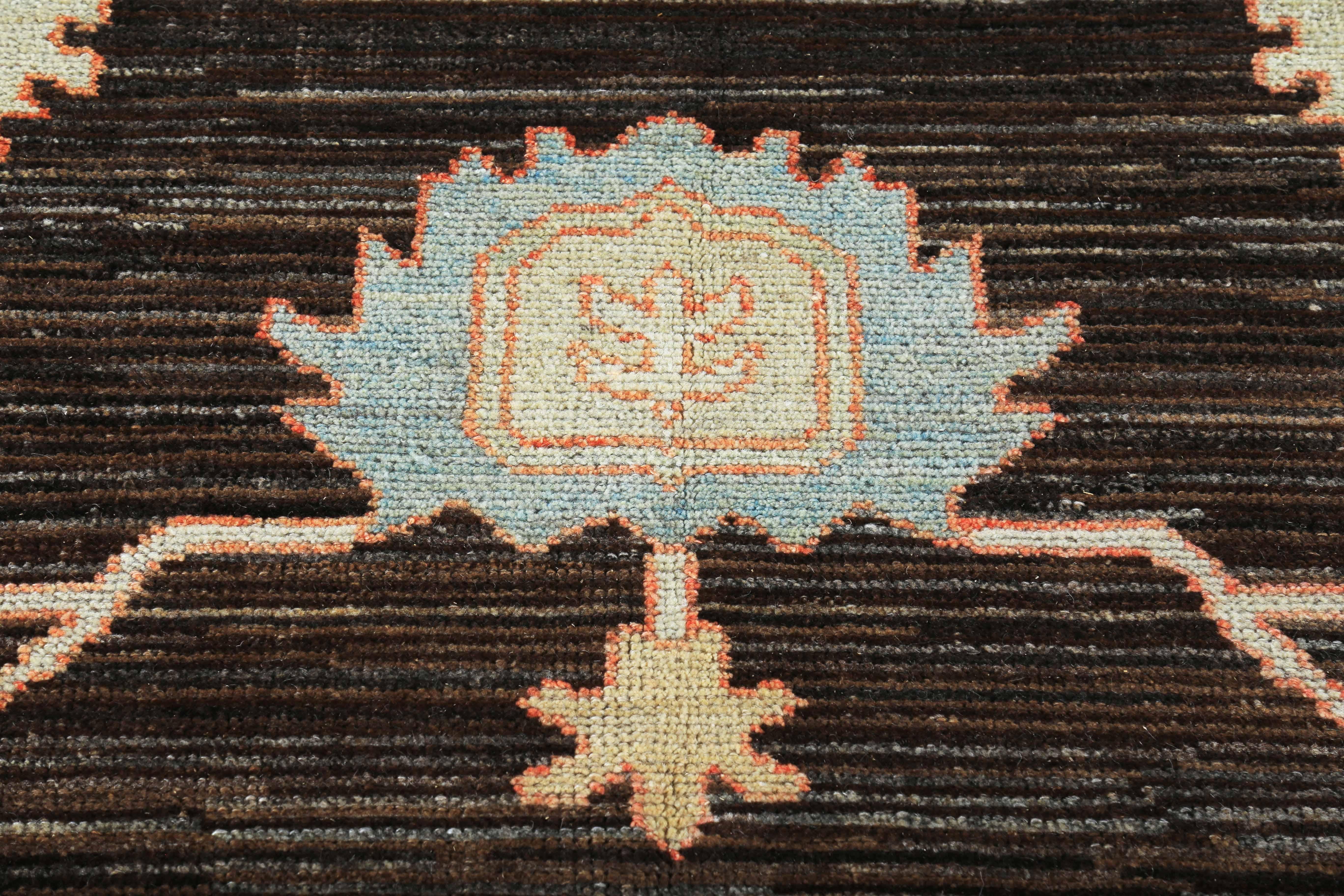 Wool New Turkish Oushak Rug with Green & Light Blue Floral Details on Brown Field For Sale