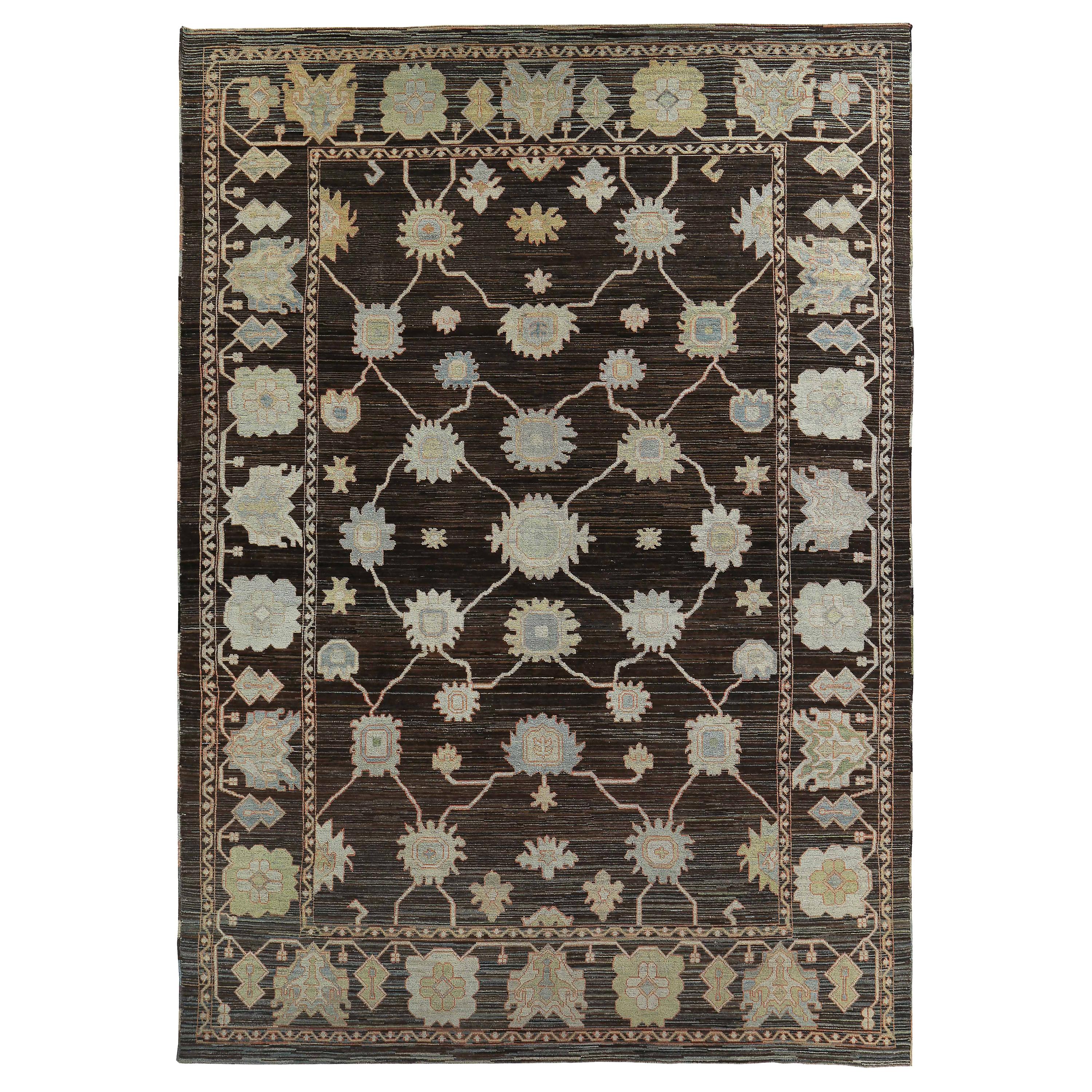 New Turkish Oushak Rug with Green & Light Blue Floral Details on Brown Field For Sale