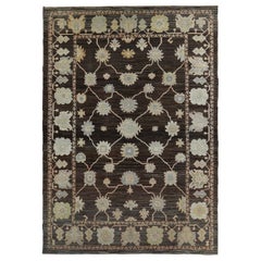 New Turkish Oushak Rug with Green & Light Blue Floral Details on Brown Field