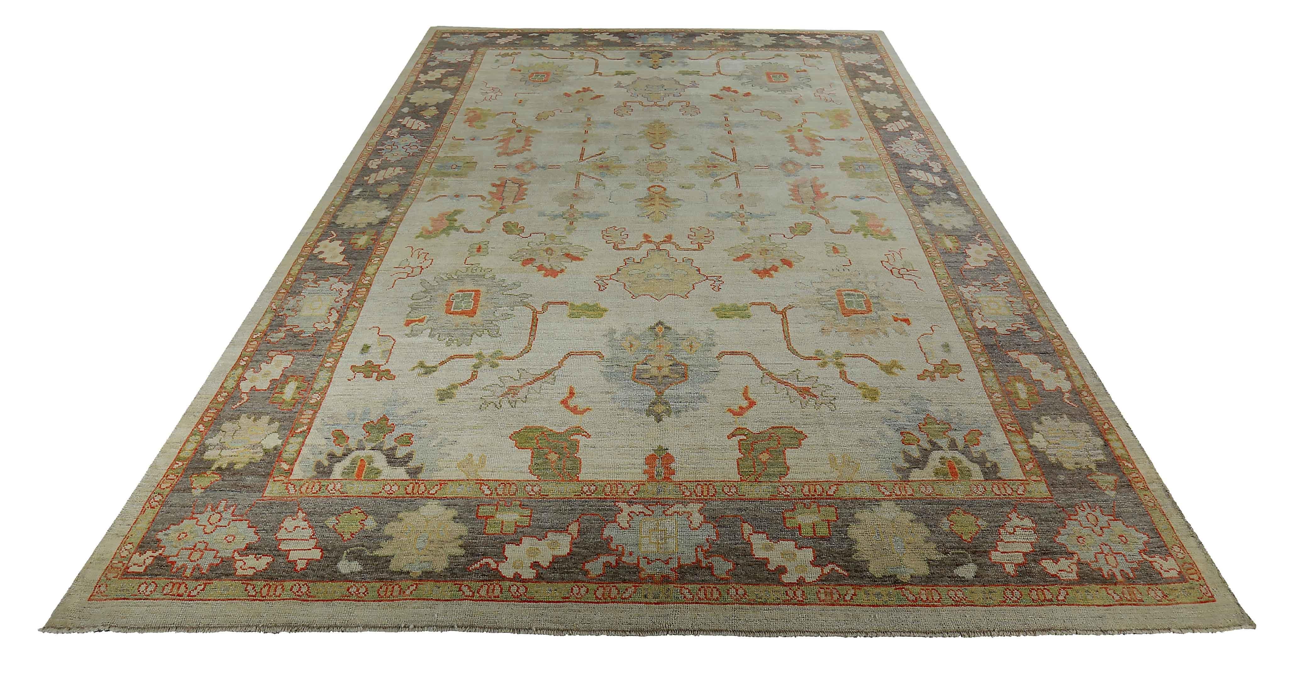 New Turkish rug made of handwoven sheep’s wool of the finest quality. It’s colored with organic vegetable dyes that are certified safe for humans and pets alike. It features green and red floral details on an ivory field. Flower patterns are