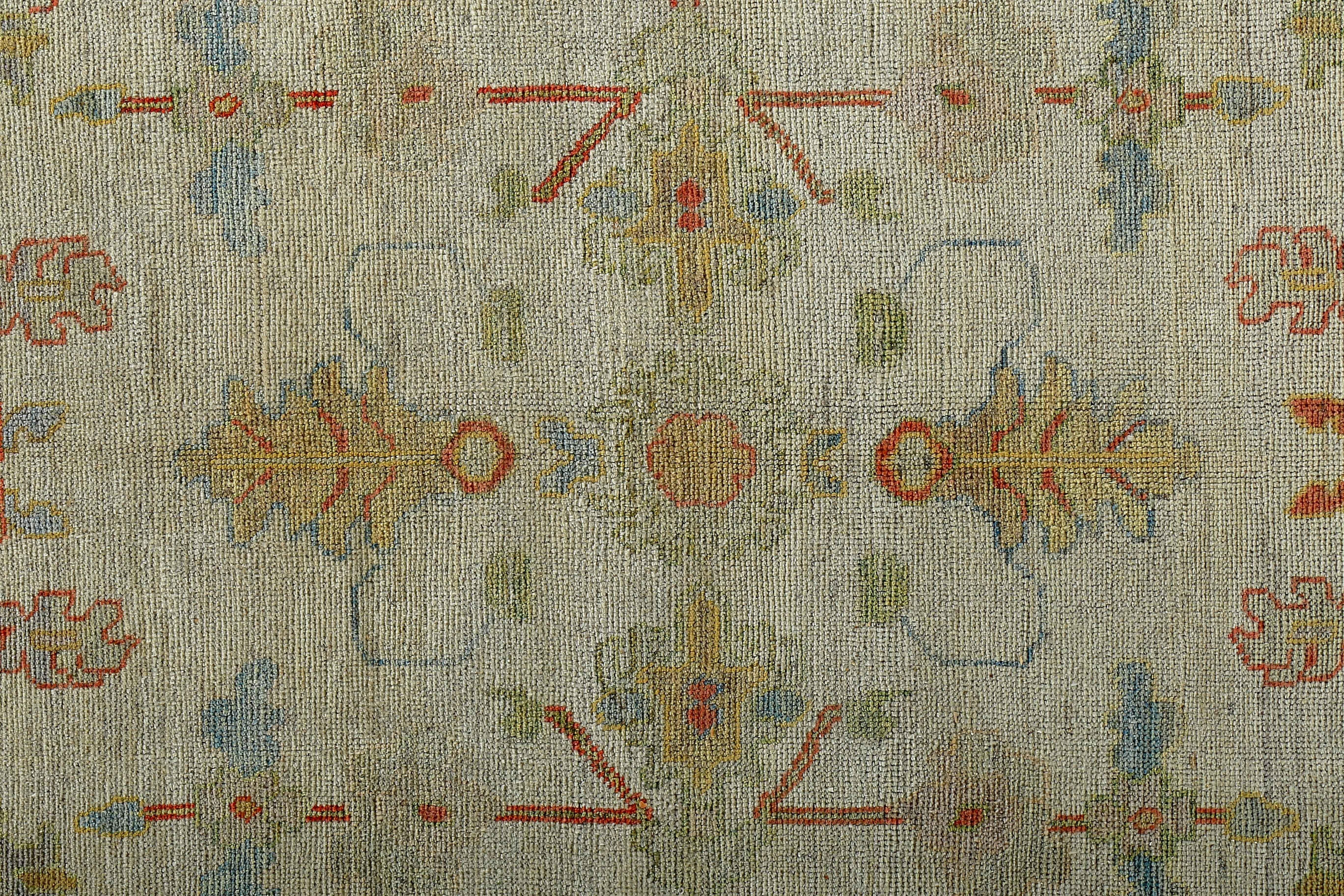 New Turkish Oushak Rug with Green and Red Floral Details on Ivory Field In New Condition For Sale In Dallas, TX