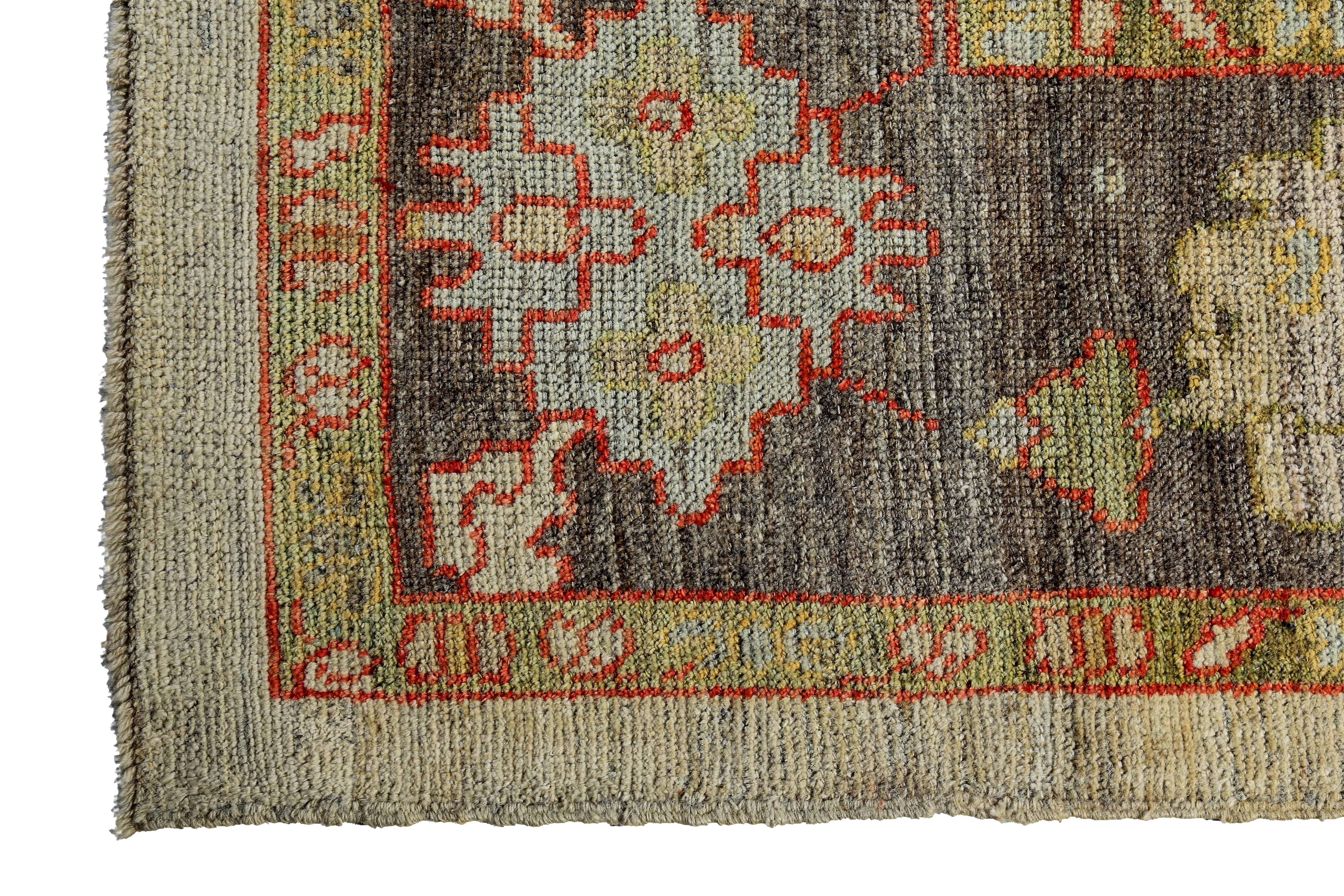 Contemporary New Turkish Oushak Rug with Green and Red Floral Details on Ivory Field For Sale