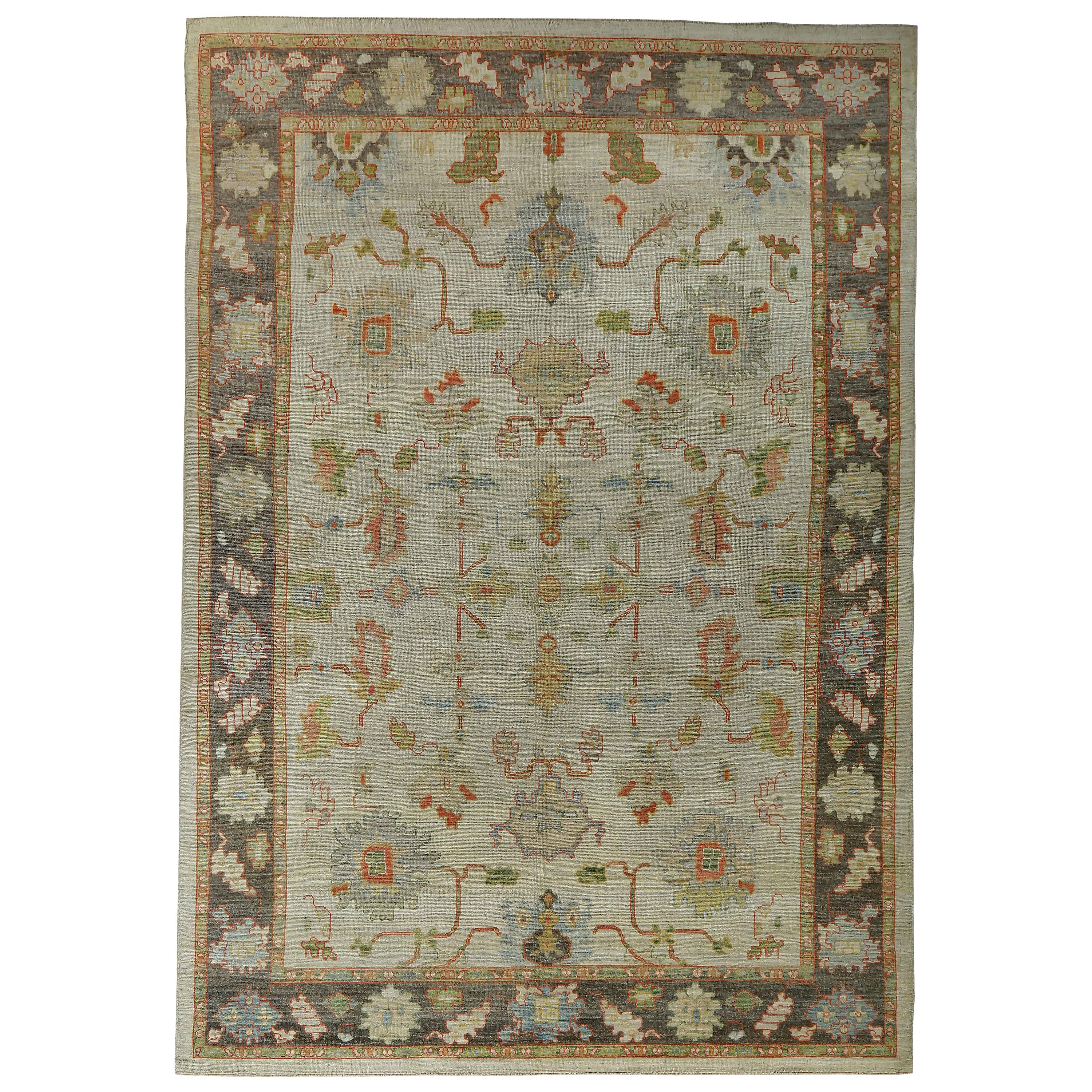 New Turkish Oushak Rug with Green and Red Floral Details on Ivory Field For Sale
