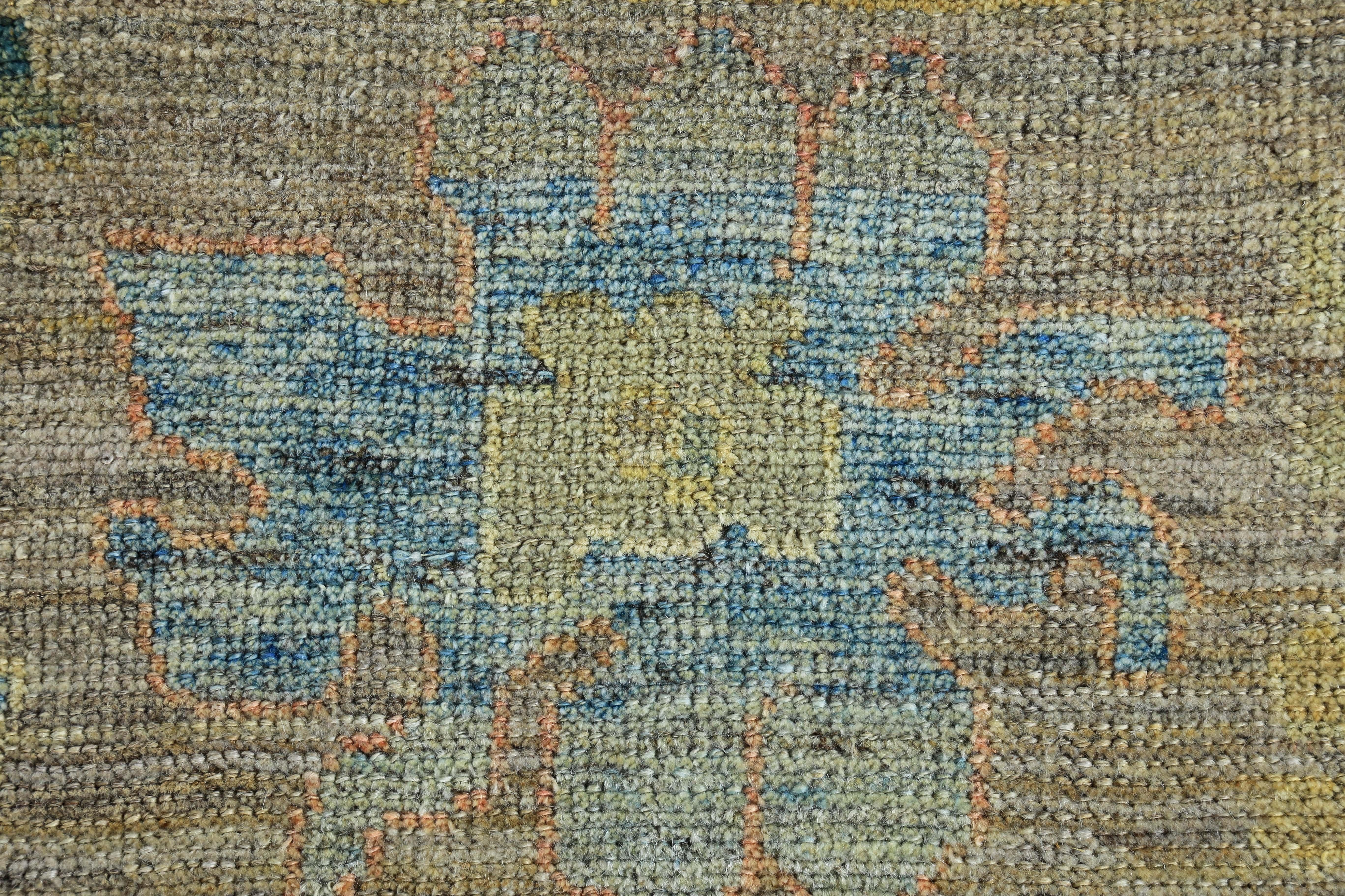 Hand-Woven New Turkish Oushak Rug with Green and Yellow Floral Design on a Brown Field For Sale