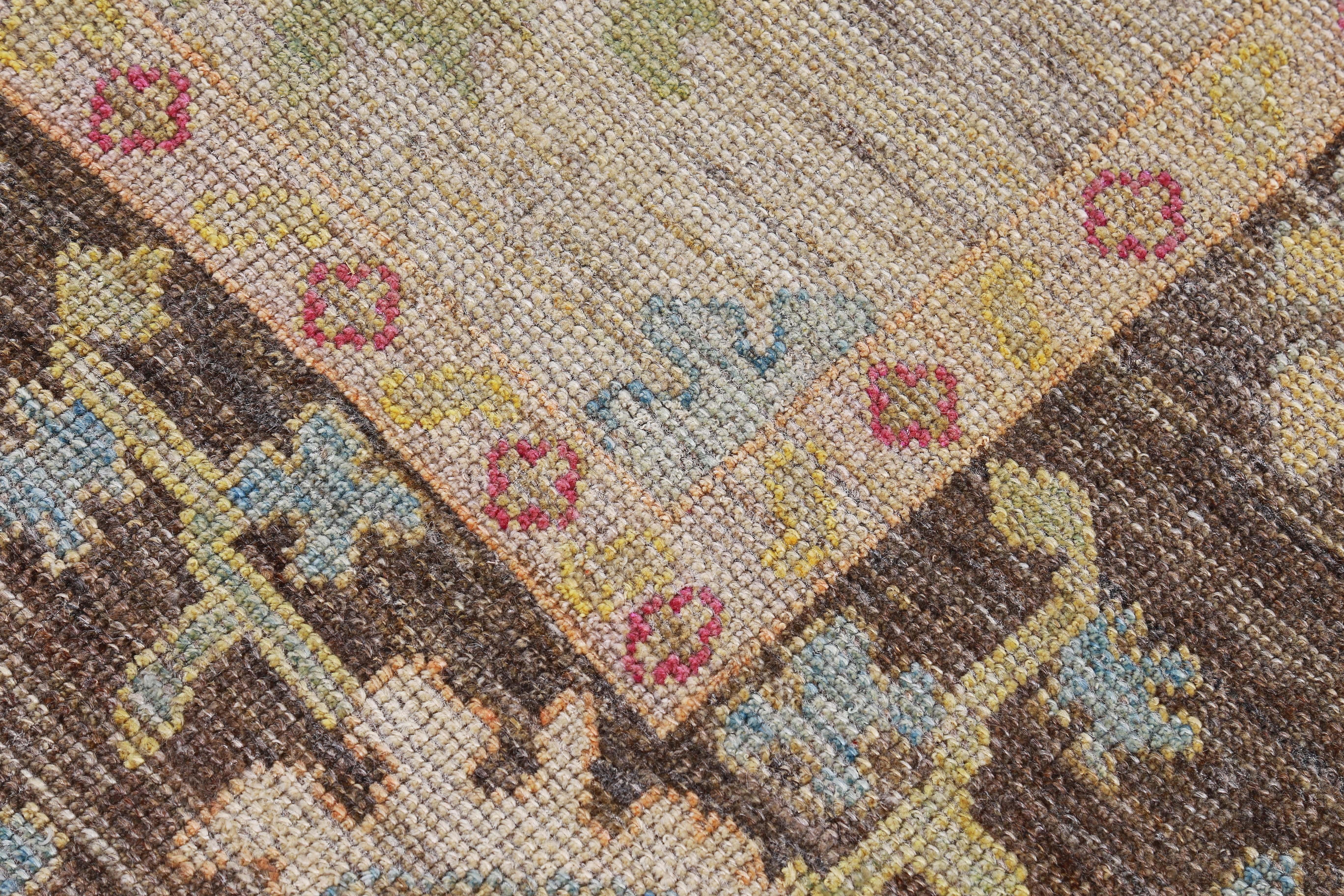 Contemporary New Turkish Oushak Rug with Green and Yellow Floral Design on a Brown Field For Sale