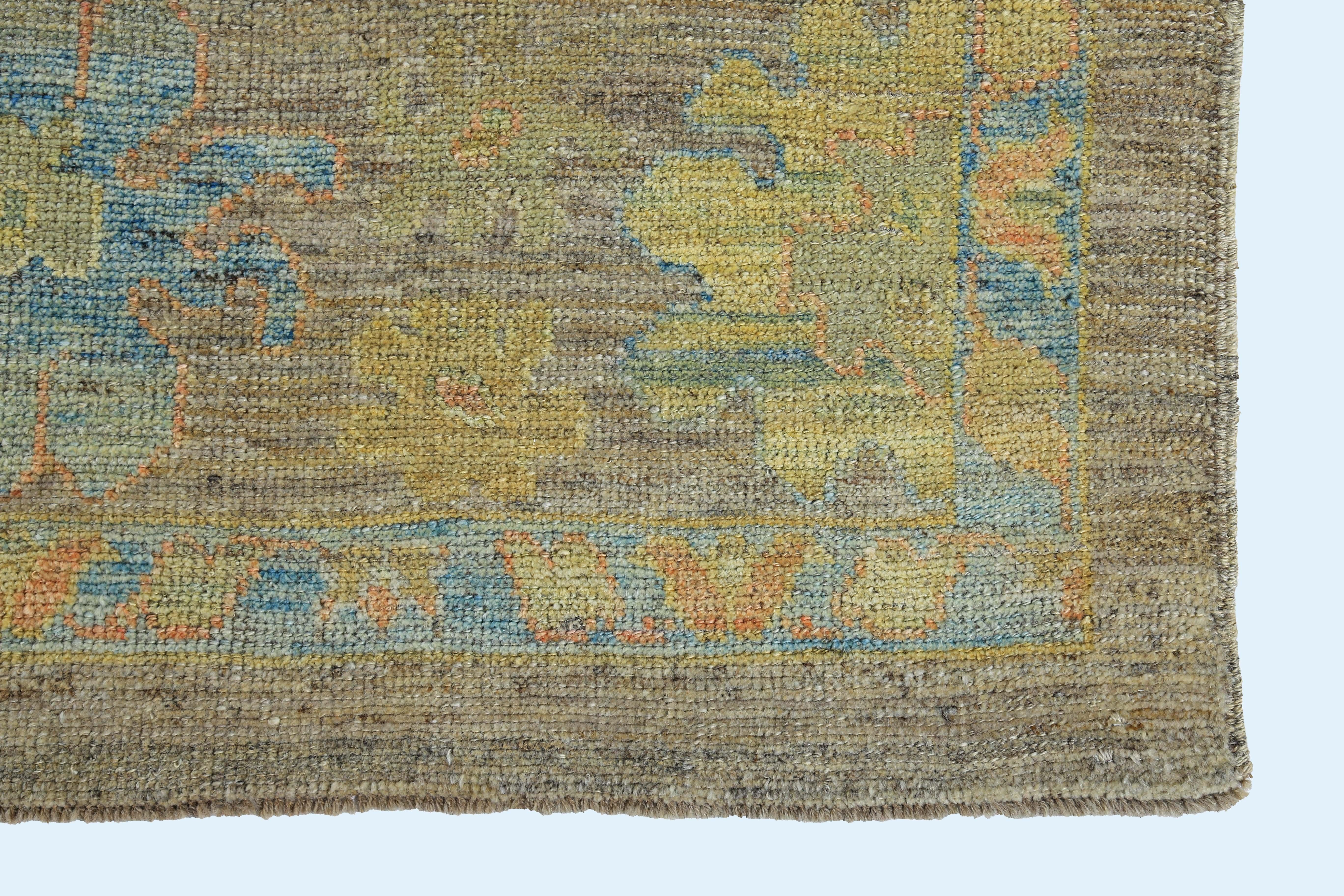Wool New Turkish Oushak Rug with Green and Yellow Floral Design on a Brown Field For Sale