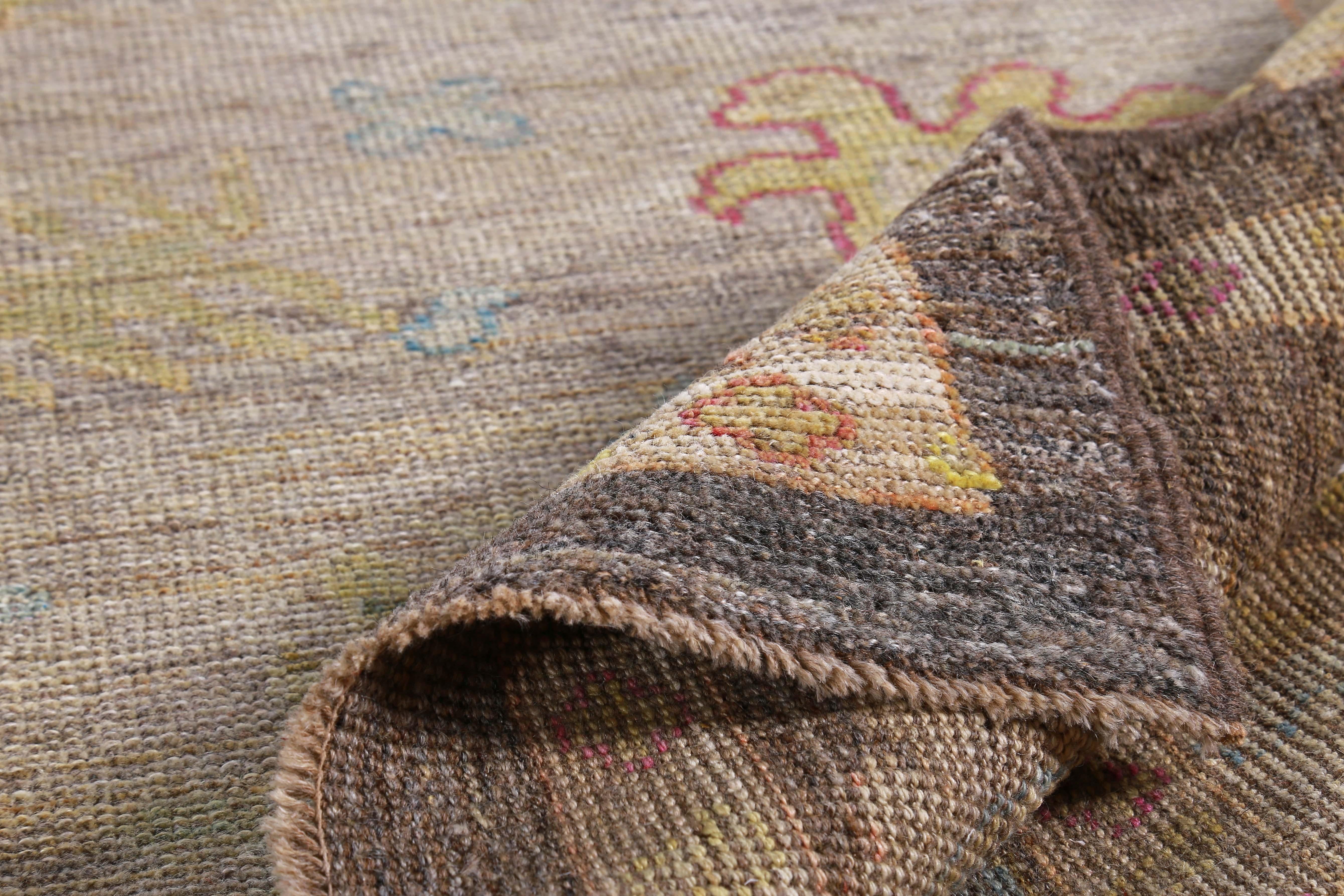 Wool New Turkish Oushak Rug with Green and Yellow Floral Design on a Brown Field For Sale