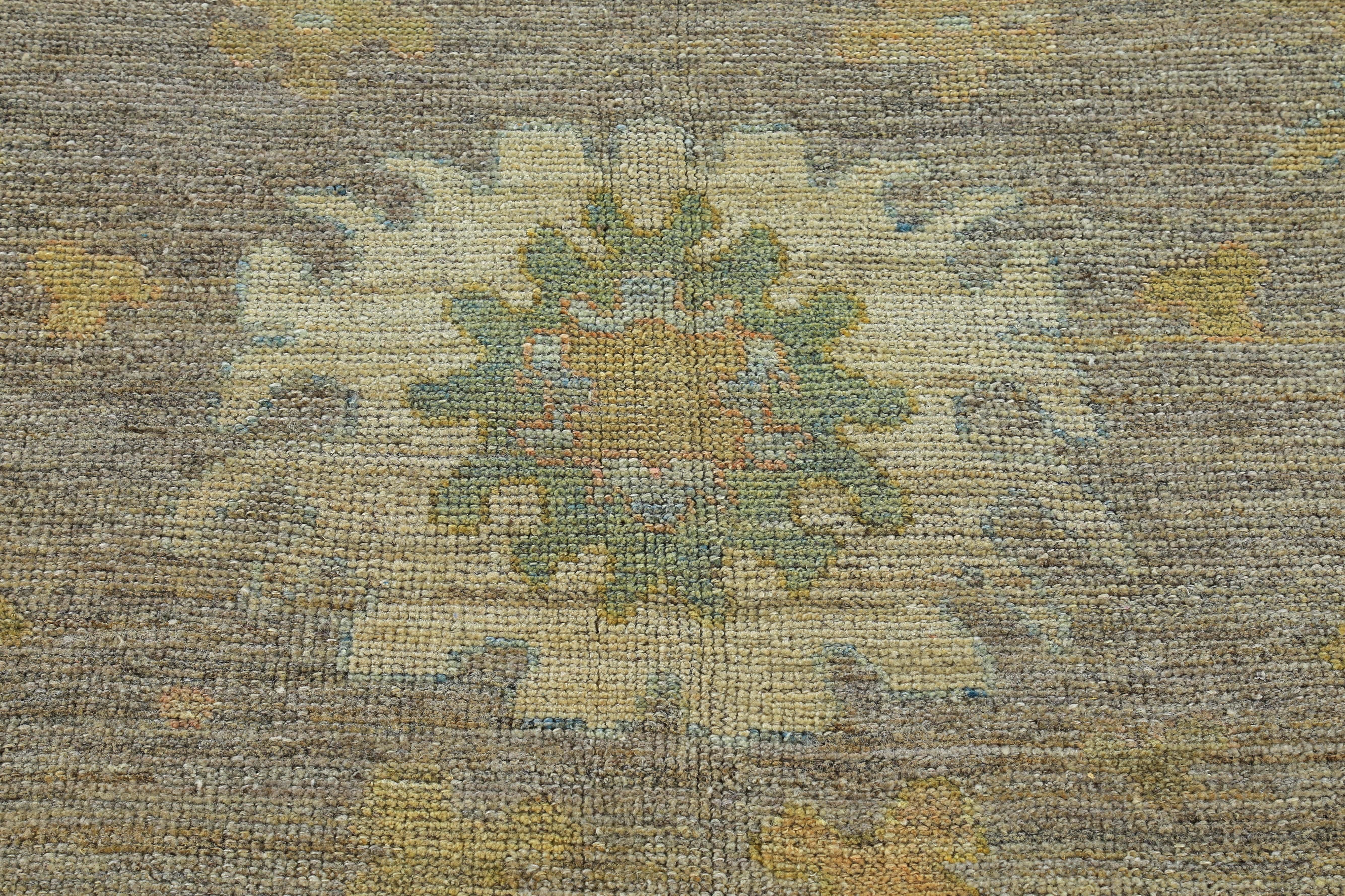 New Turkish Oushak Rug with Green and Yellow Floral Design on a Brown Field For Sale 1