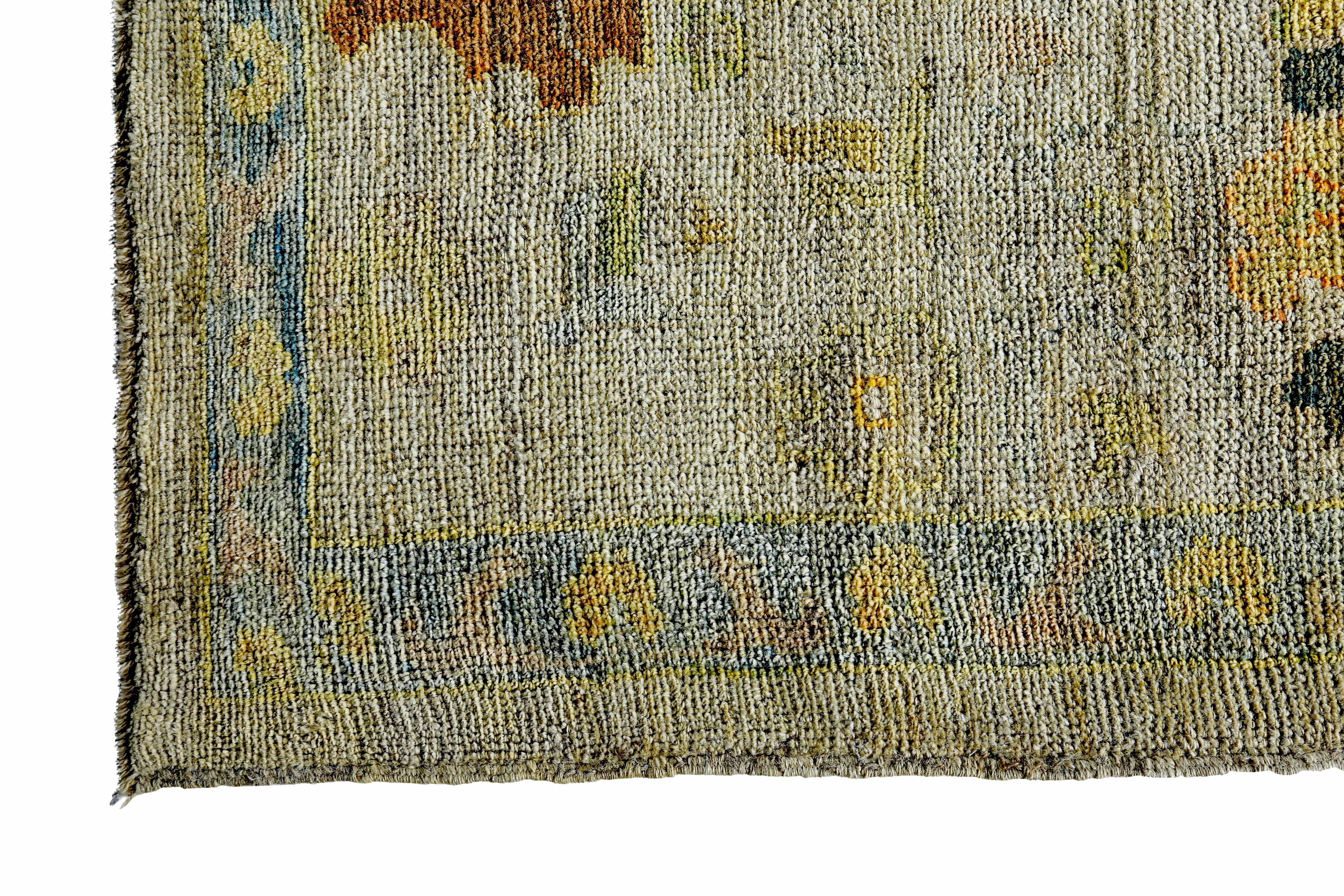 Hand-Woven New Turkish Oushak Rug with Green and Yellow Floral Details on Ivory Field For Sale