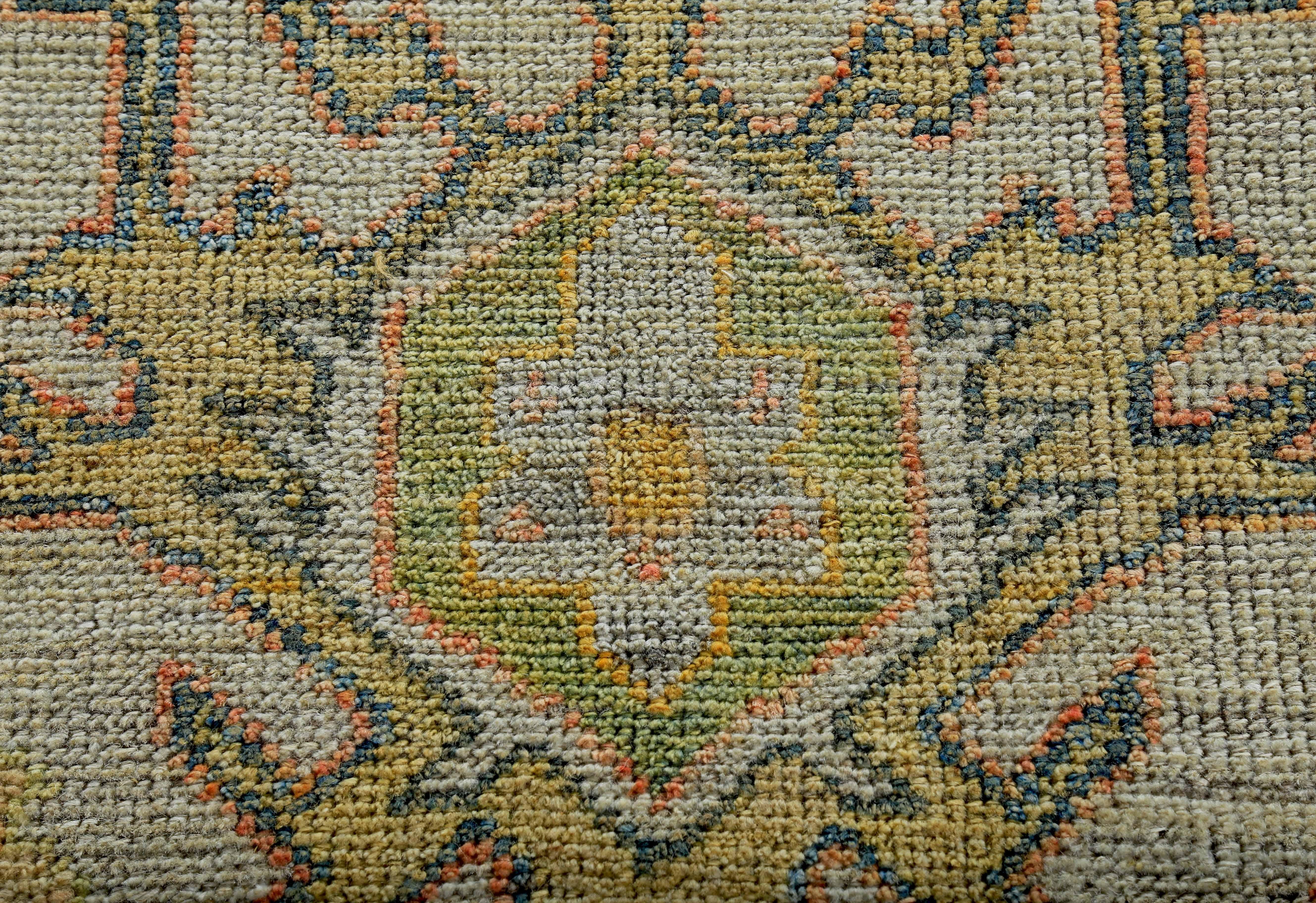 Contemporary New Turkish Oushak Rug with Green and Yellow Floral Details on Ivory Field For Sale