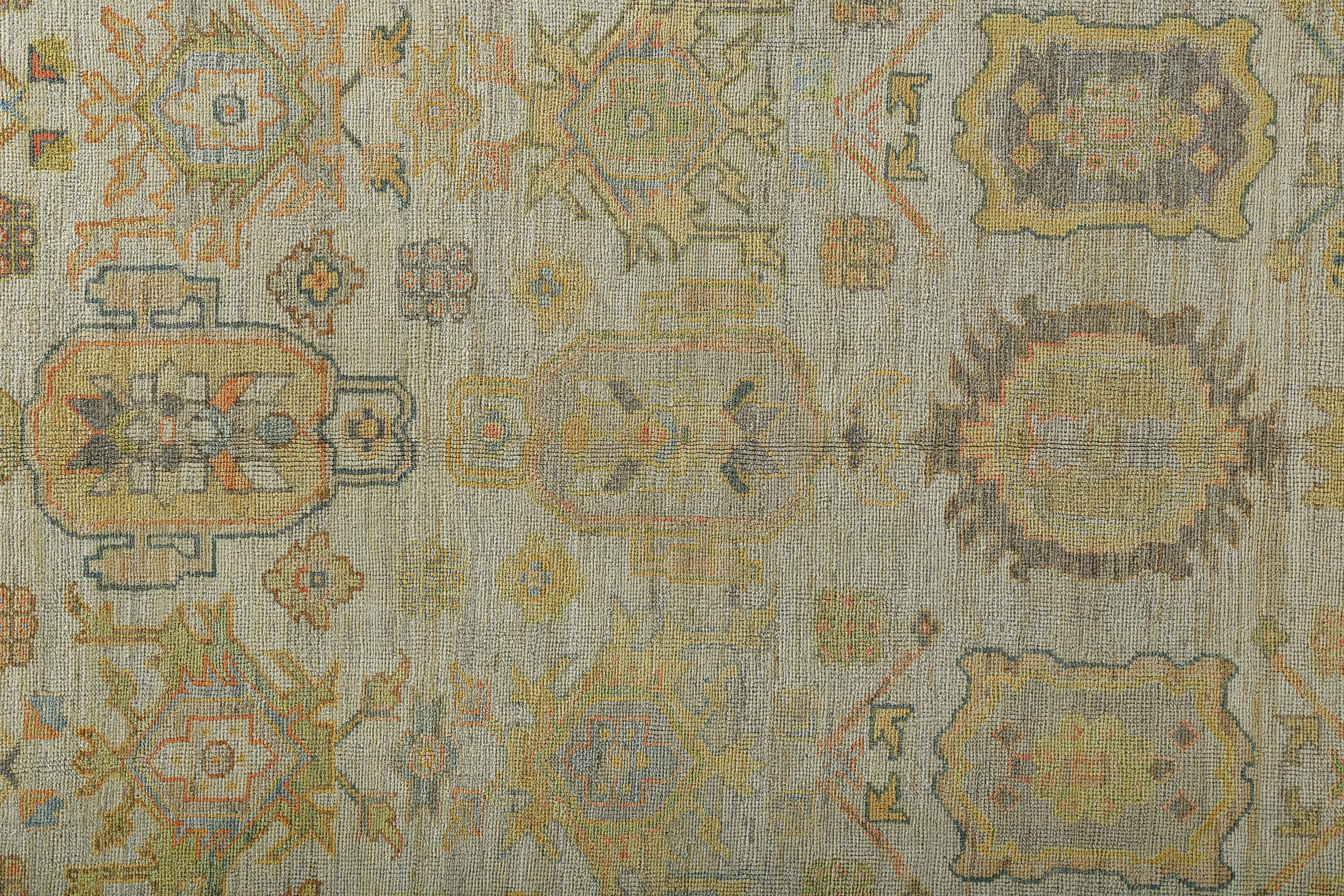 Wool New Turkish Oushak Rug with Green and Yellow Floral Details on Ivory Field For Sale