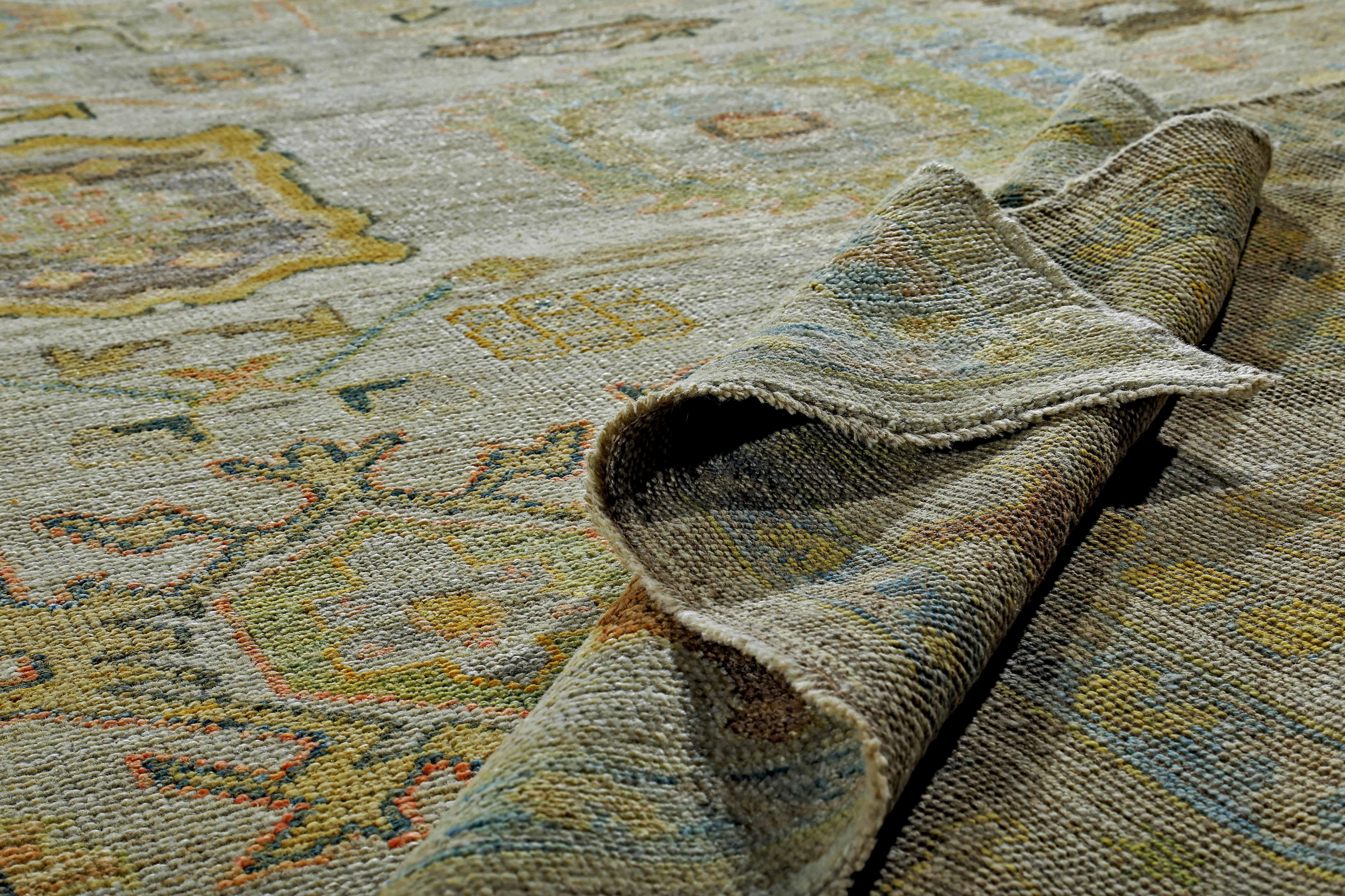 New Turkish Oushak Rug with Green and Yellow Floral Details on Ivory Field For Sale 1