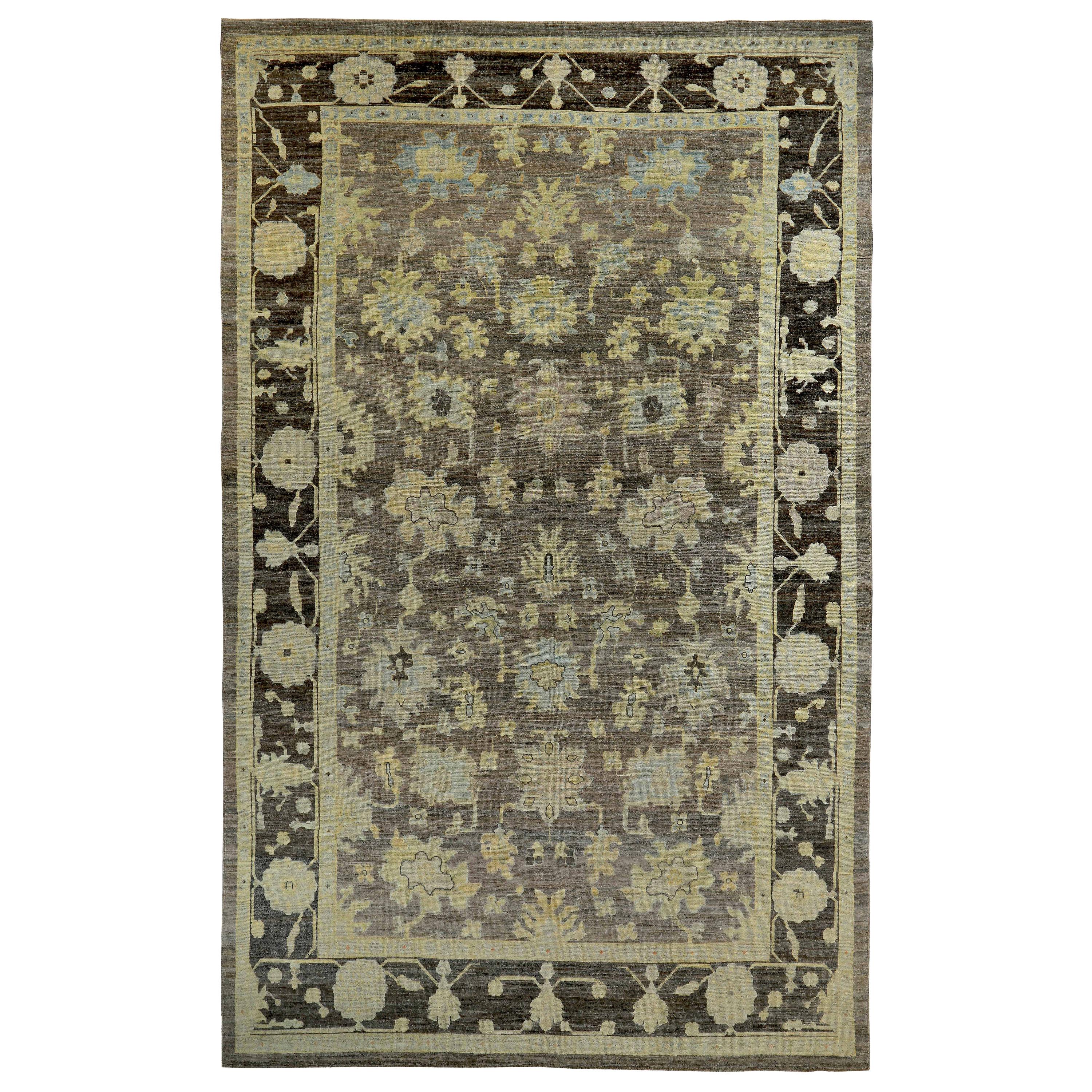 New Turkish Oushak Rug with Ivory and Blue Floral Details on Brown Field For Sale