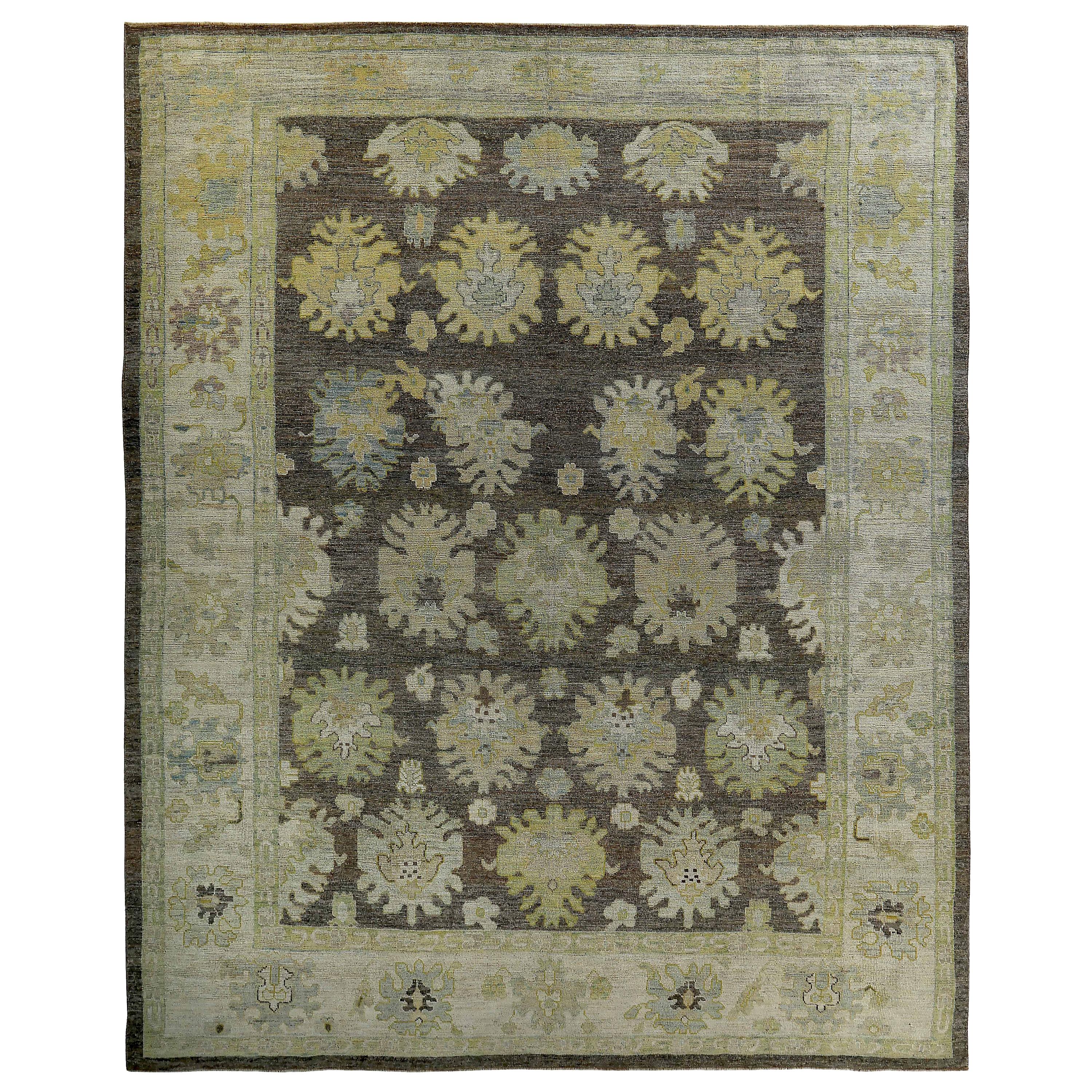 New Turkish Oushak Rug with Ivory and Gold Flower Heads on Brown Field For Sale