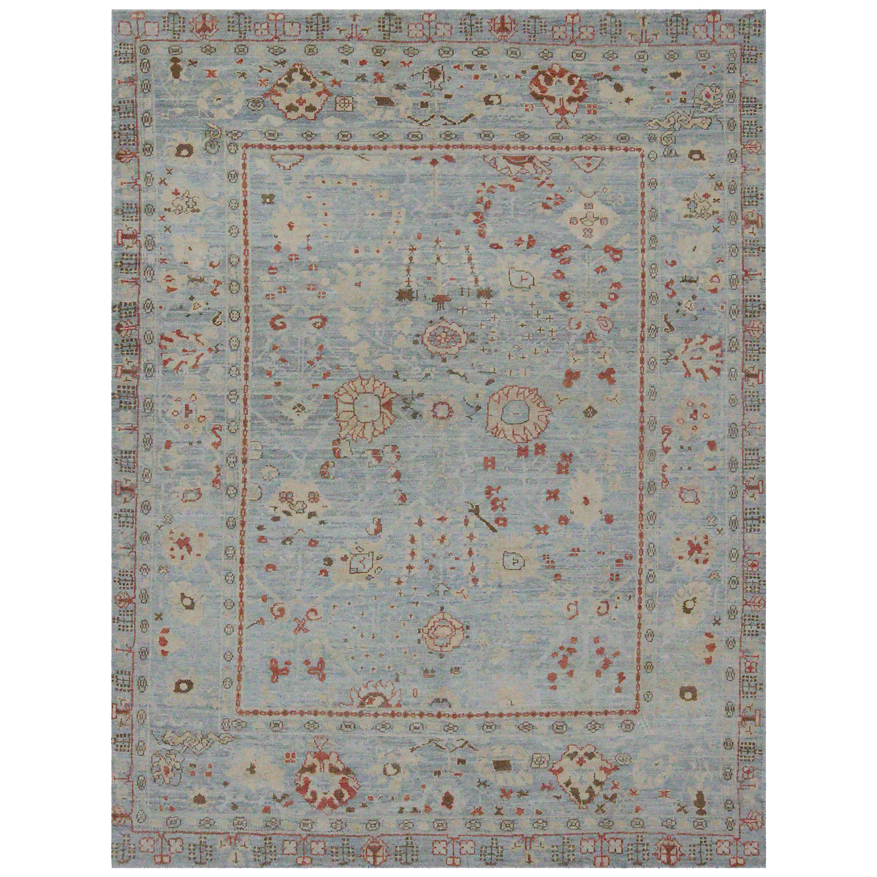 New Turkish Oushak Rug with Ivory and Red Floral Details on Blue Field