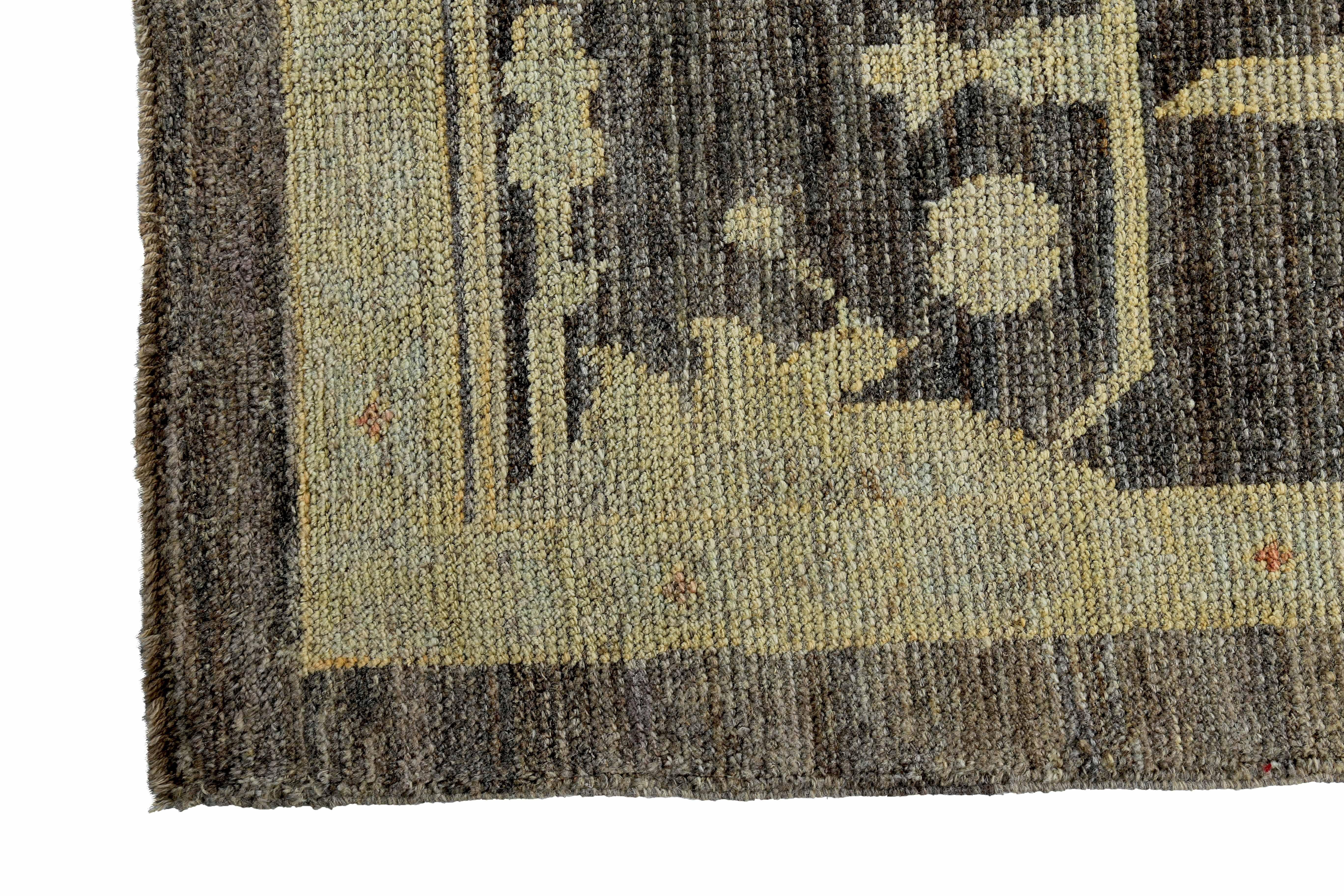 New Turkish Oushak Rug with Ivory and Blue Floral Details on Brown Field In New Condition For Sale In Dallas, TX