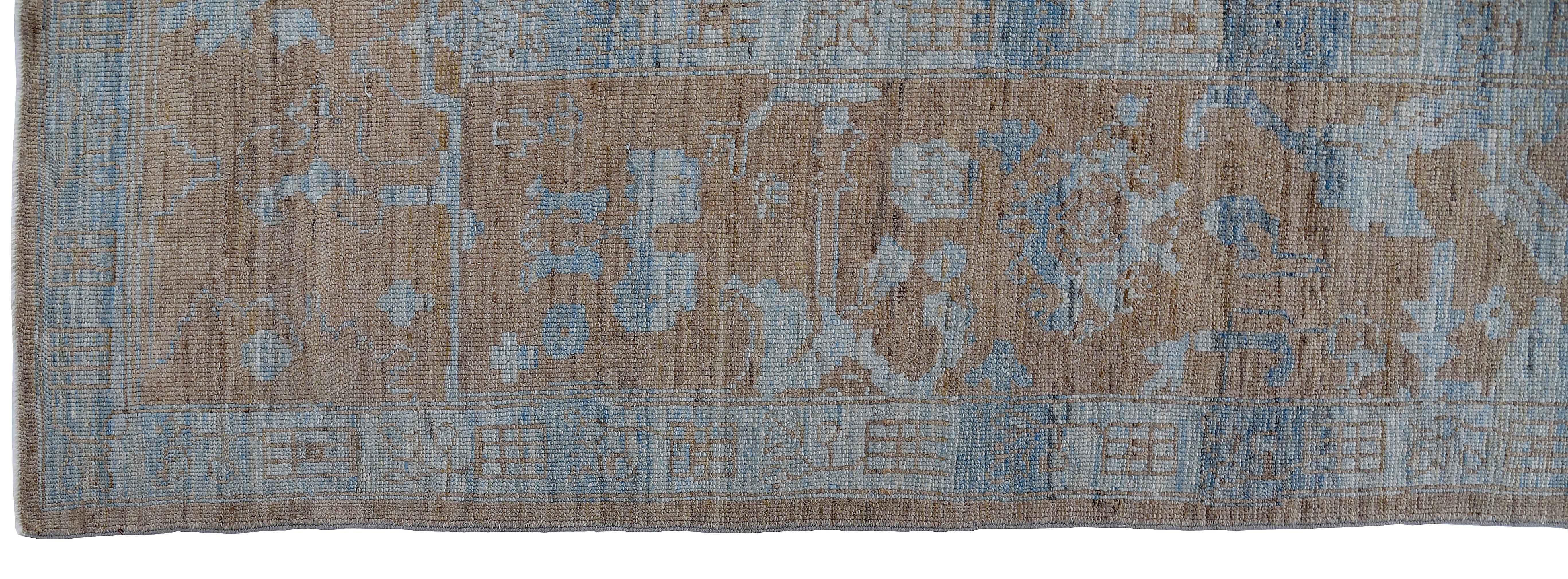 Contemporary New Turkish Oushak Rug with Ivory and Blue Floral Details on Brown Field For Sale