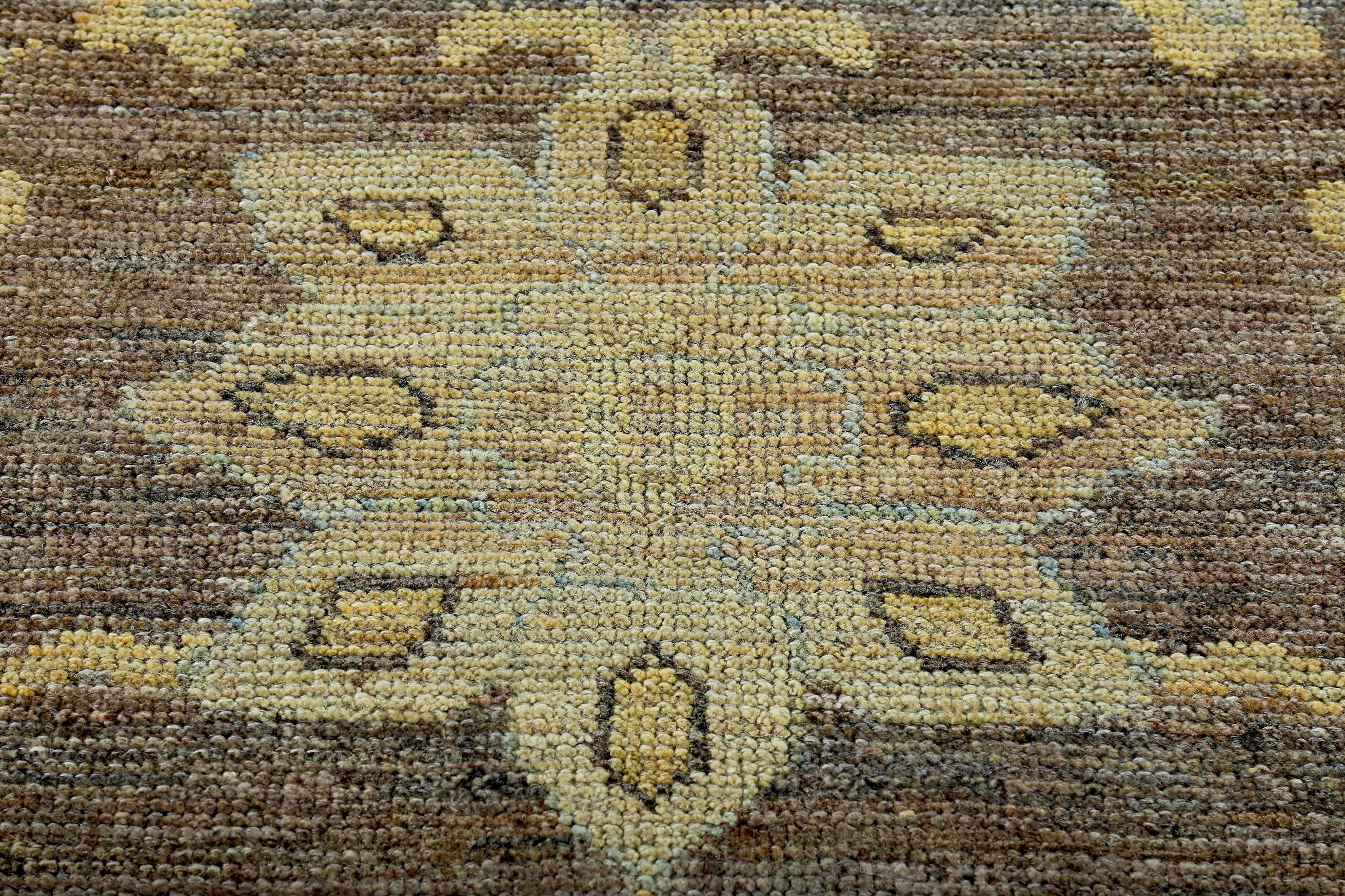 Wool New Turkish Oushak Rug with Ivory and Blue Floral Details on Brown Field For Sale
