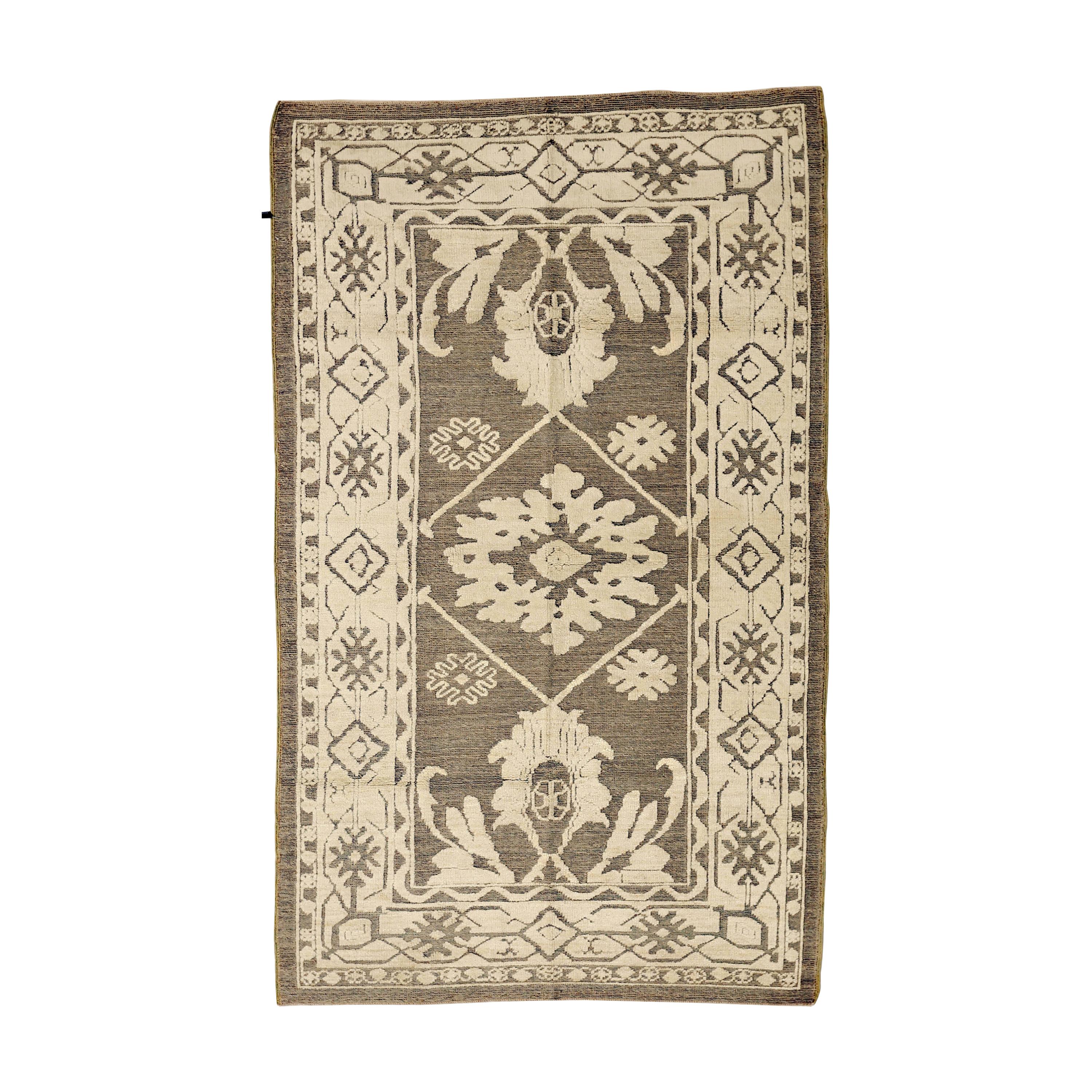 New Turkish Oushak Rug with Ivory Botanical Details on Beige Field For Sale