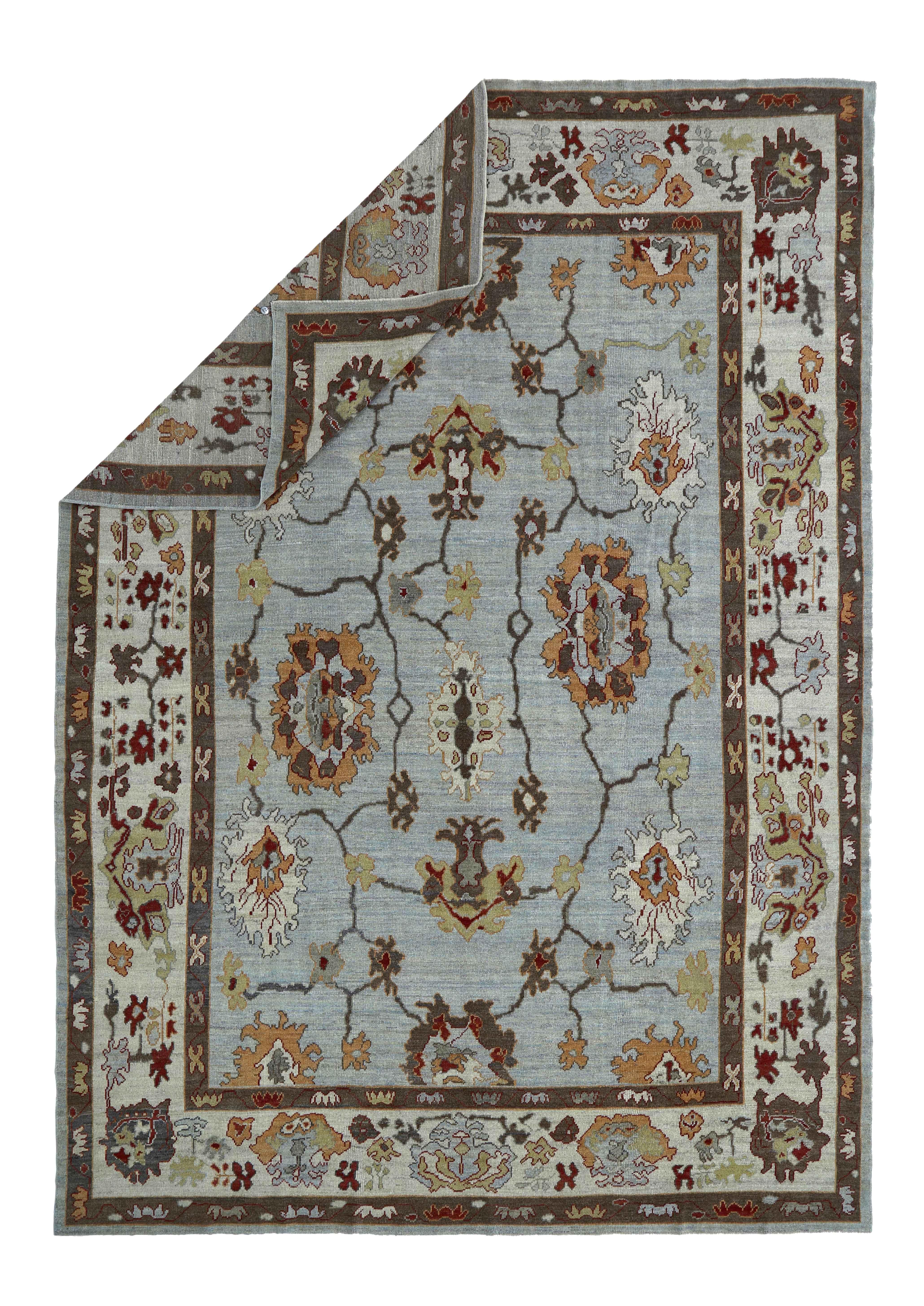 Contemporary New Turkish Oushak Rug with Ivory and Brown Floral Details on Gray Field For Sale