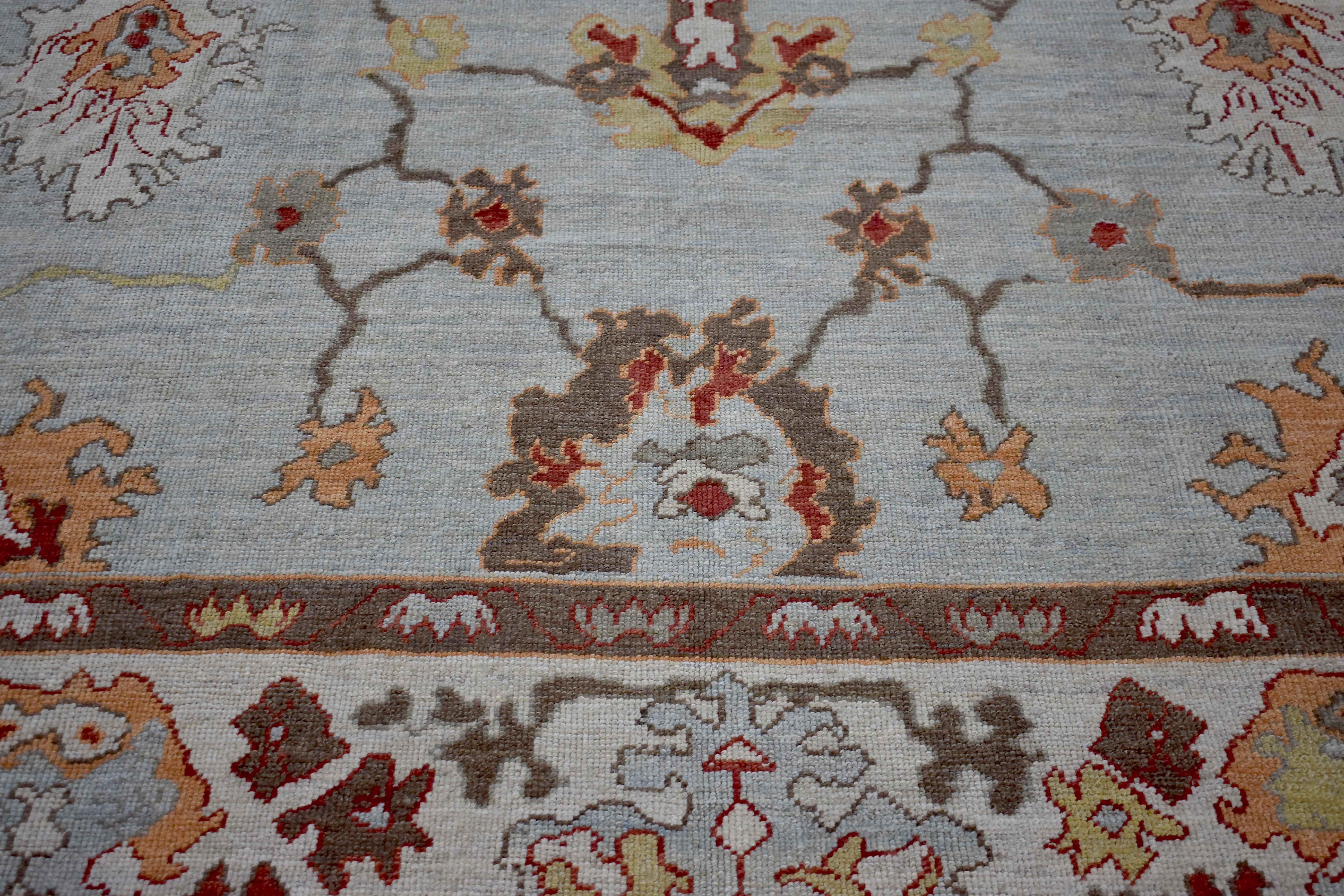 New Turkish Oushak Rug with Ivory and Brown Floral Details on Gray Field For Sale 1