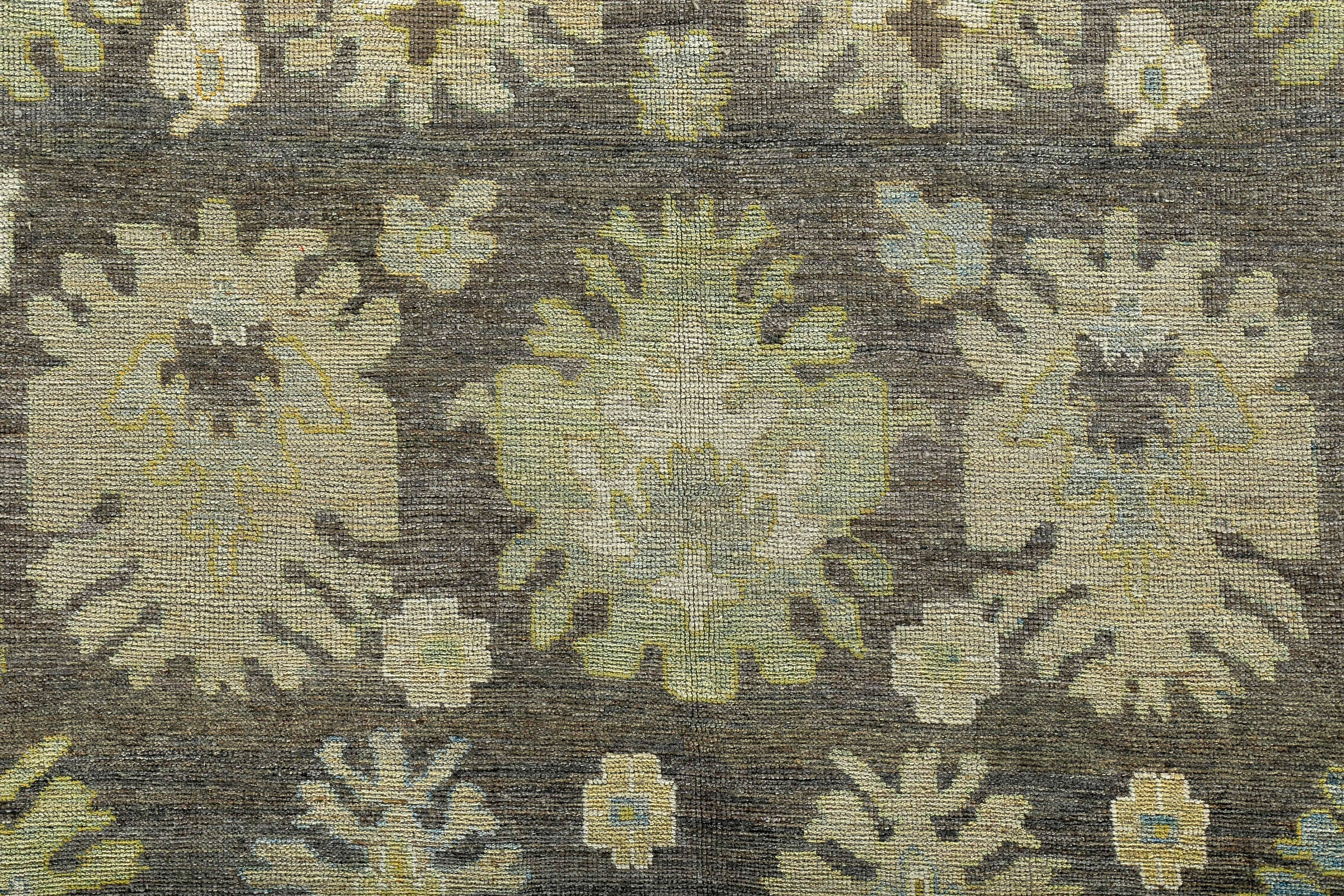 New Turkish Oushak Rug with Ivory and Gold Flower Heads on Brown Field In New Condition For Sale In Dallas, TX
