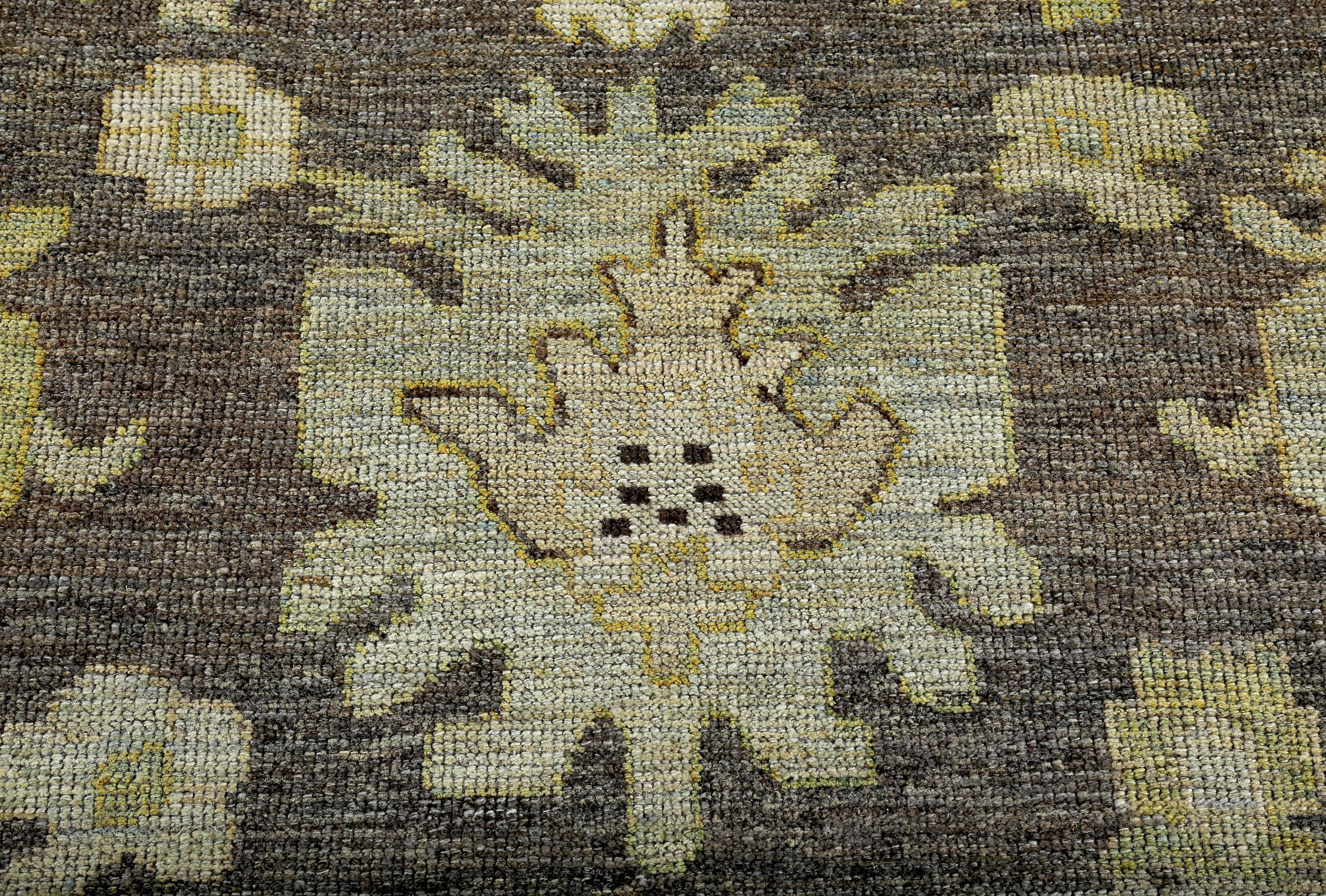 Wool New Turkish Oushak Rug with Ivory and Gold Flower Heads on Brown Field For Sale