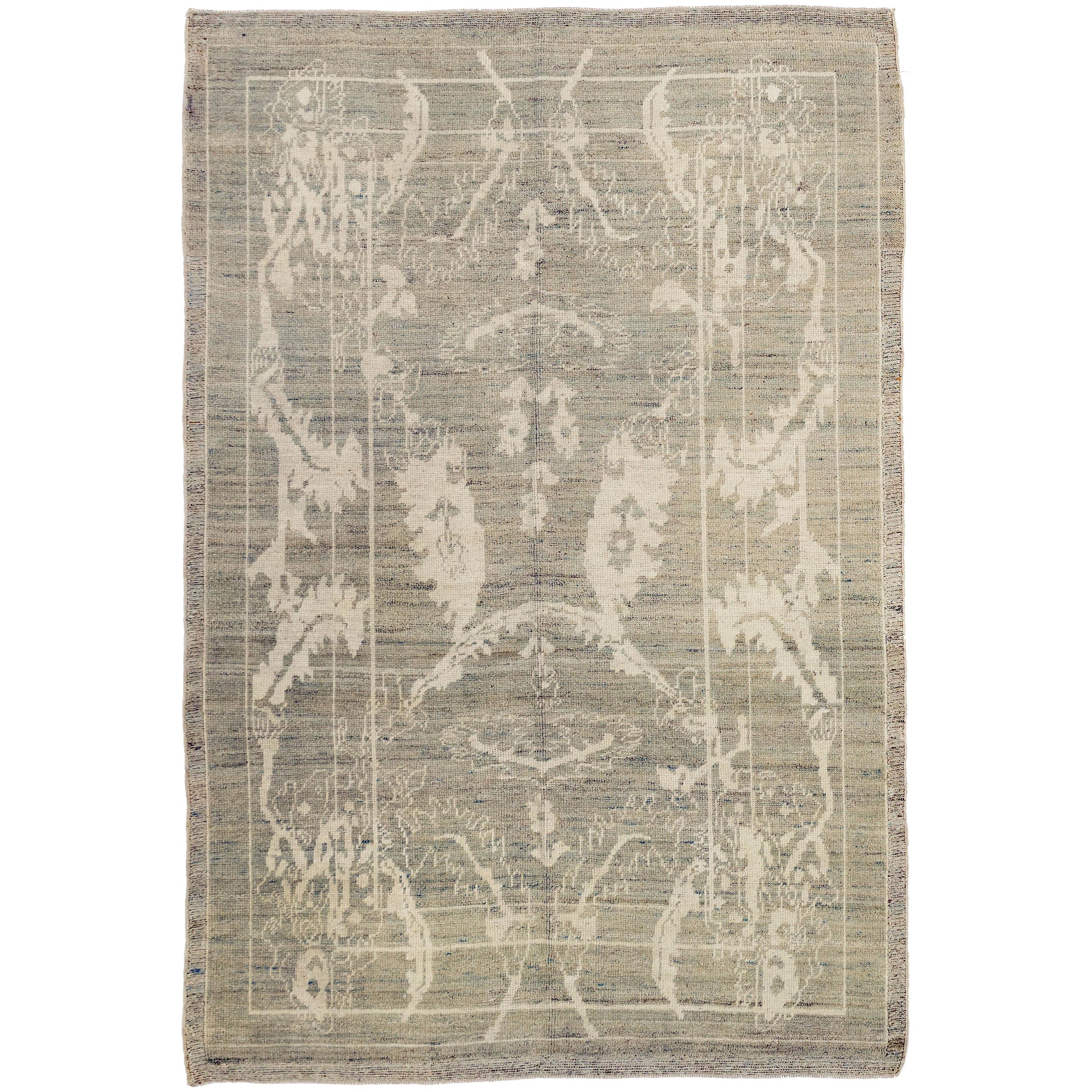 New Turkish Oushak Rug with Ivory and Gray Botanical Details on Beige Field For Sale