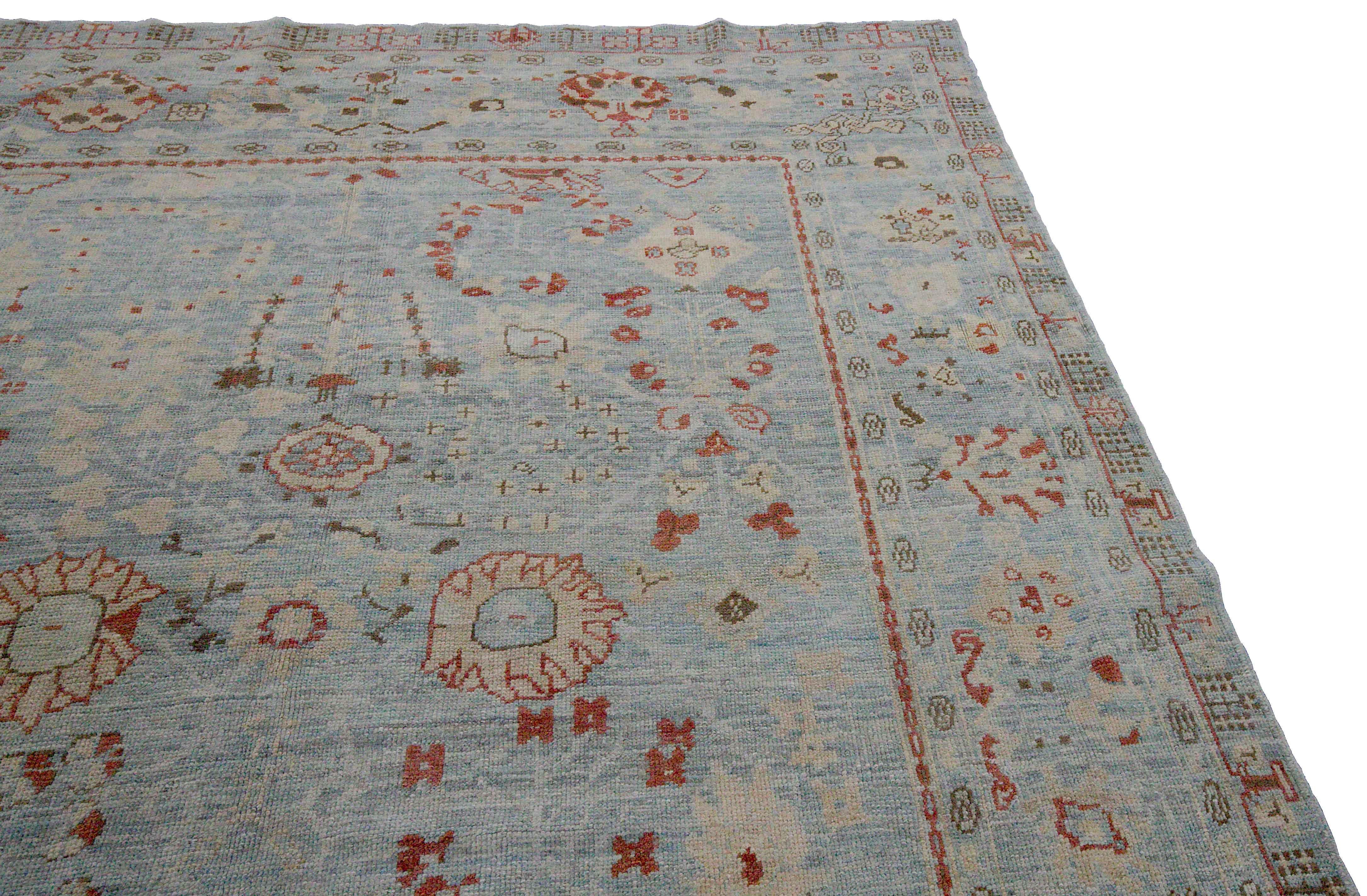 Contemporary New Turkish Oushak Rug with Ivory and Red Floral Details on Blue Field For Sale