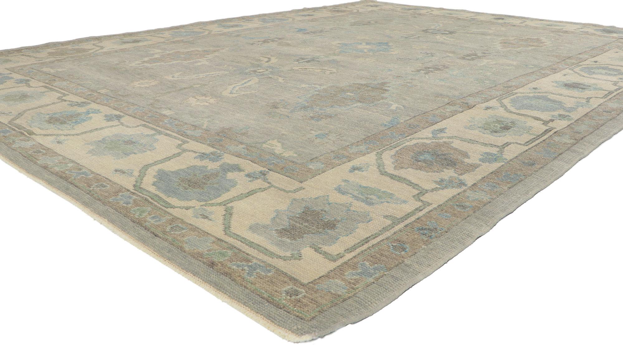 53815 New Turkish Oushak rug with Modern Style, 09'02 x 12'01. Polished and playful, this hand-knotted wool contemporary Turkish Oushak rug beautifully embodies a modern style. The abrashed bluish-grayish field features an array of Harshang motifs,