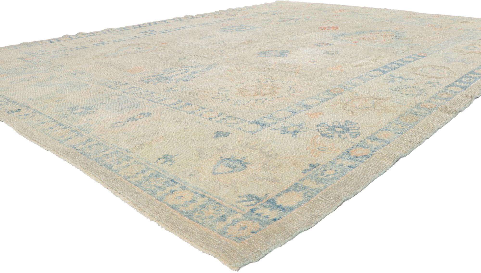 53802 new Turkish Oushak rug with Modern style 08'04 x 11'01. Polished and playful, this hand-knotted wool contemporary Turkish Oushak rug beautifully embodies a modern style. The abrashed field features an array of Harshang motifs, leafy tendrils,