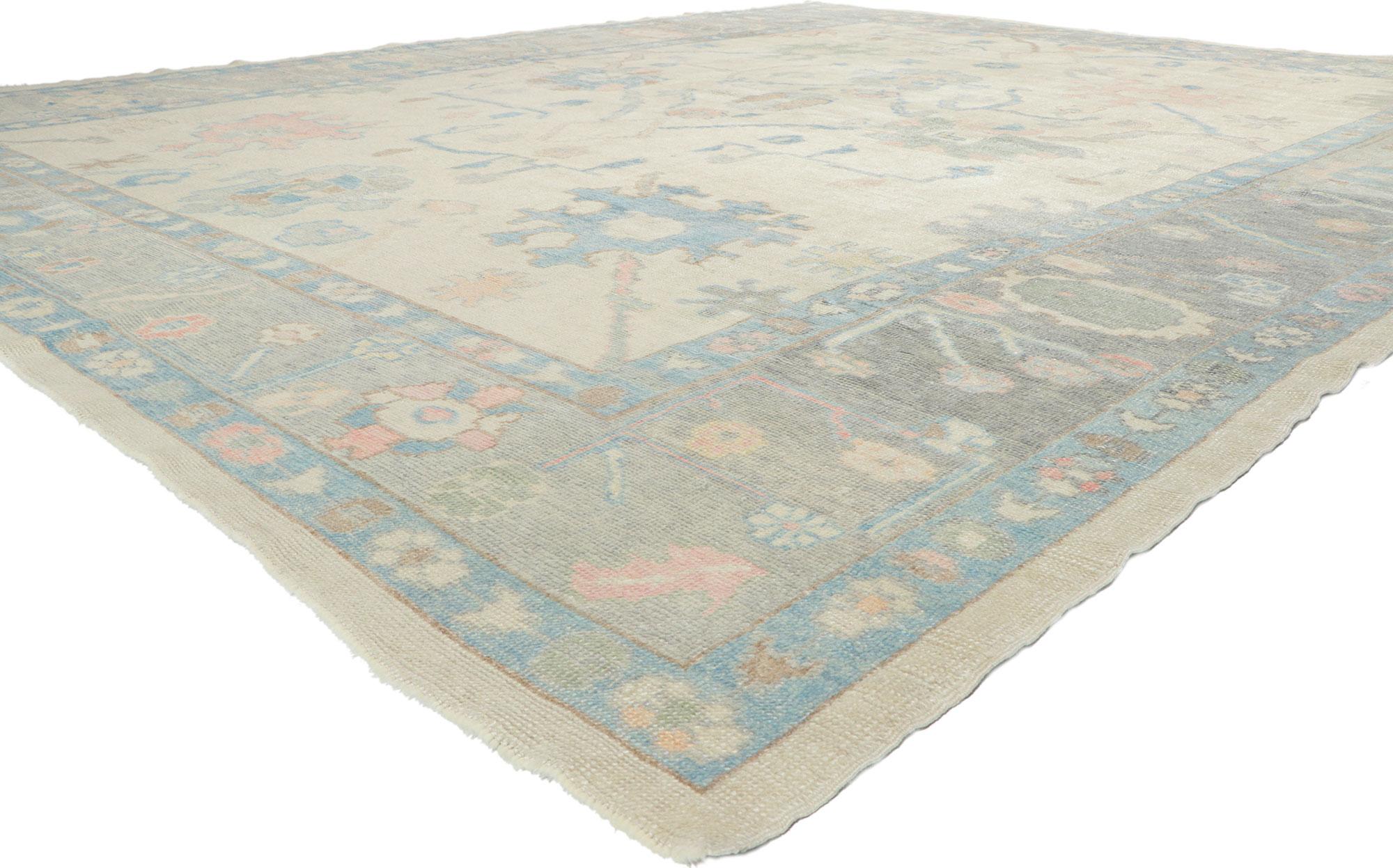 53796 Colorful Pastel Oushak Turkish Rug, 12'00 x 14'11. Masterfully crafted and immersed in the refined opulence reminiscent of Bridgerton style and Regencycore, this meticulously hand-knotted wool Turkish Oushak rug unfurls as a sublime testament