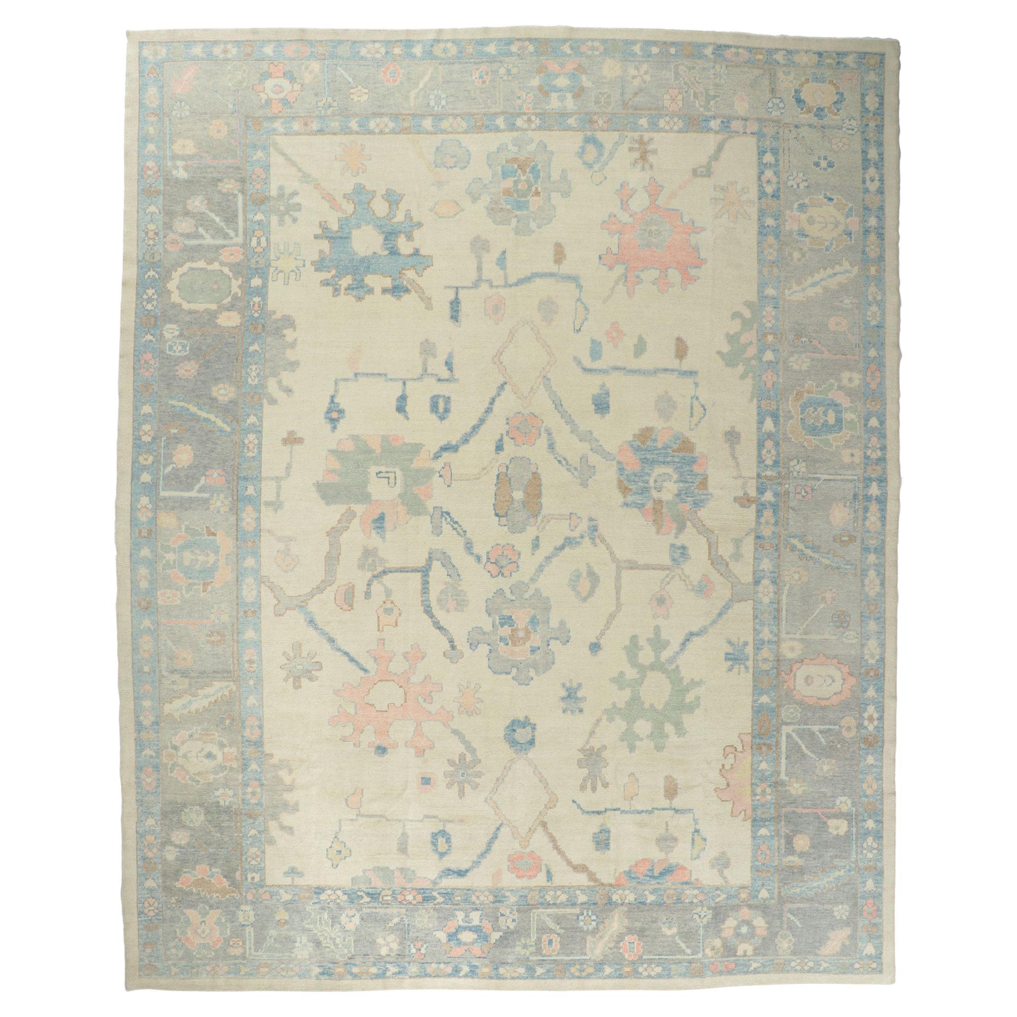 Colorful Oushak Turkish Rug, Modern Regencycore Meets Bridgerton Style For Sale