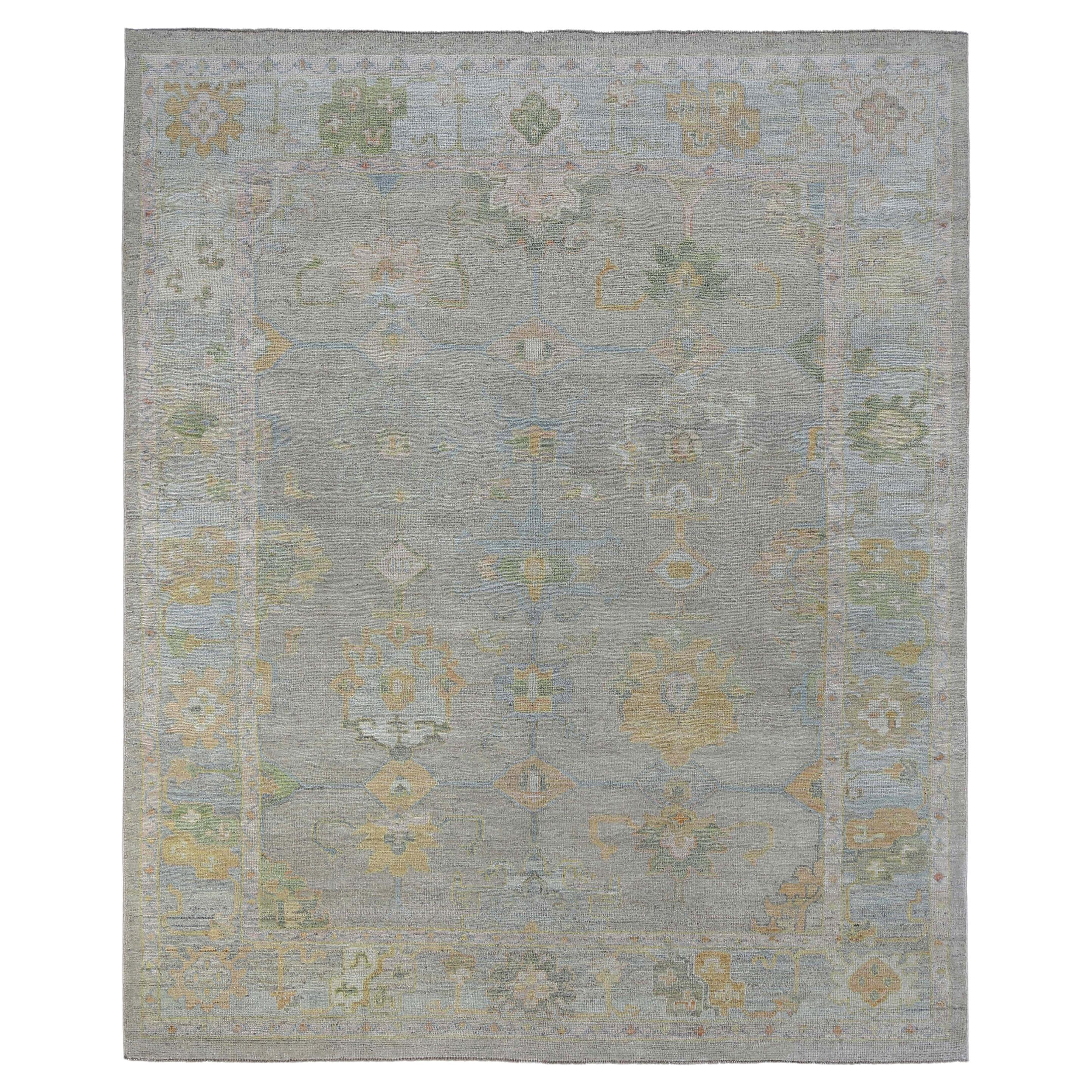 New Turkish Oushak Rug with Muted Blue Color Tones