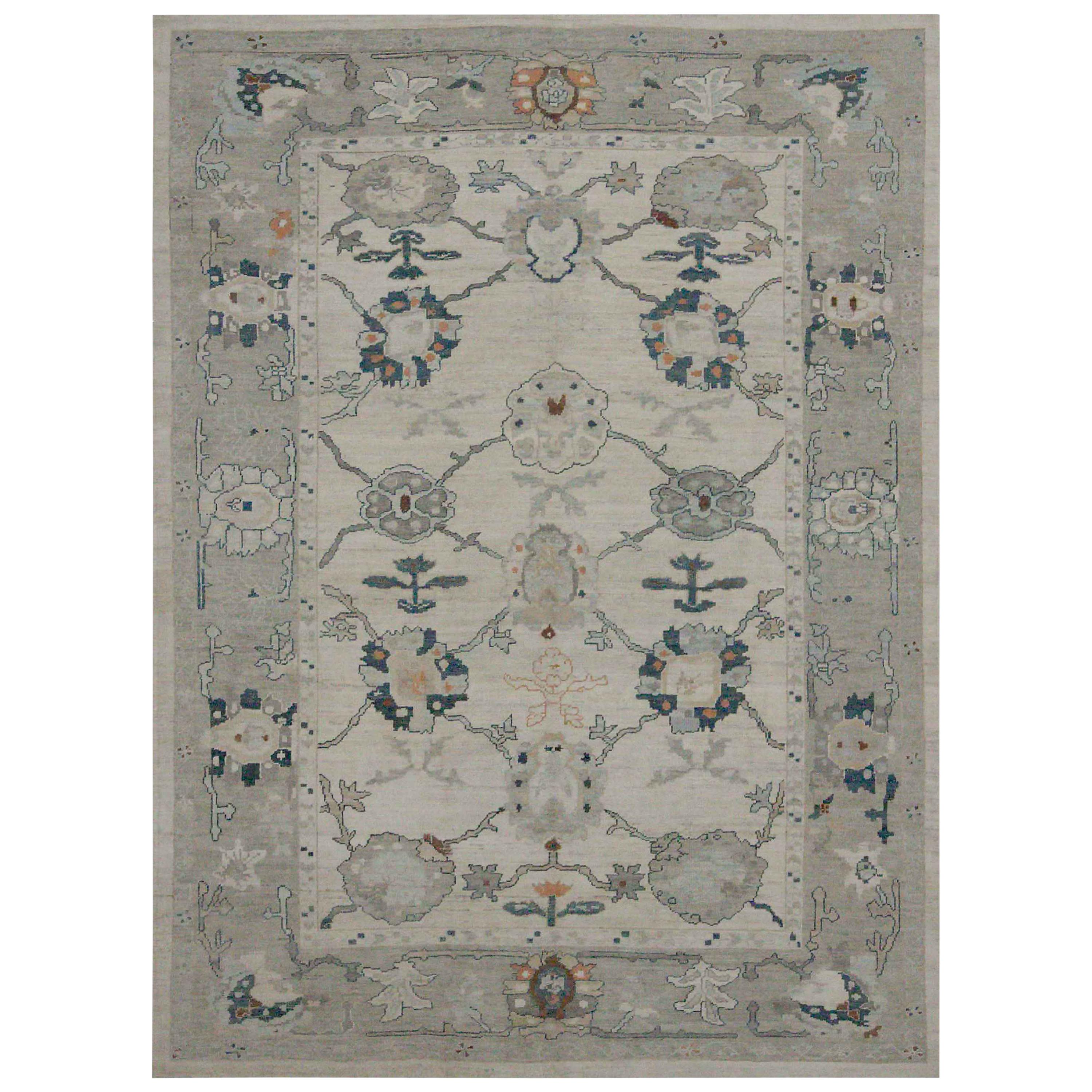 New Turkish Oushak Rug with Navy Blue and Gray Floral Details on Ivory Field