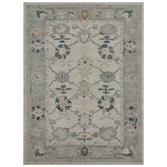 New Turkish Oushak Rug with Navy Blue and Gray Floral Details on Ivory Field