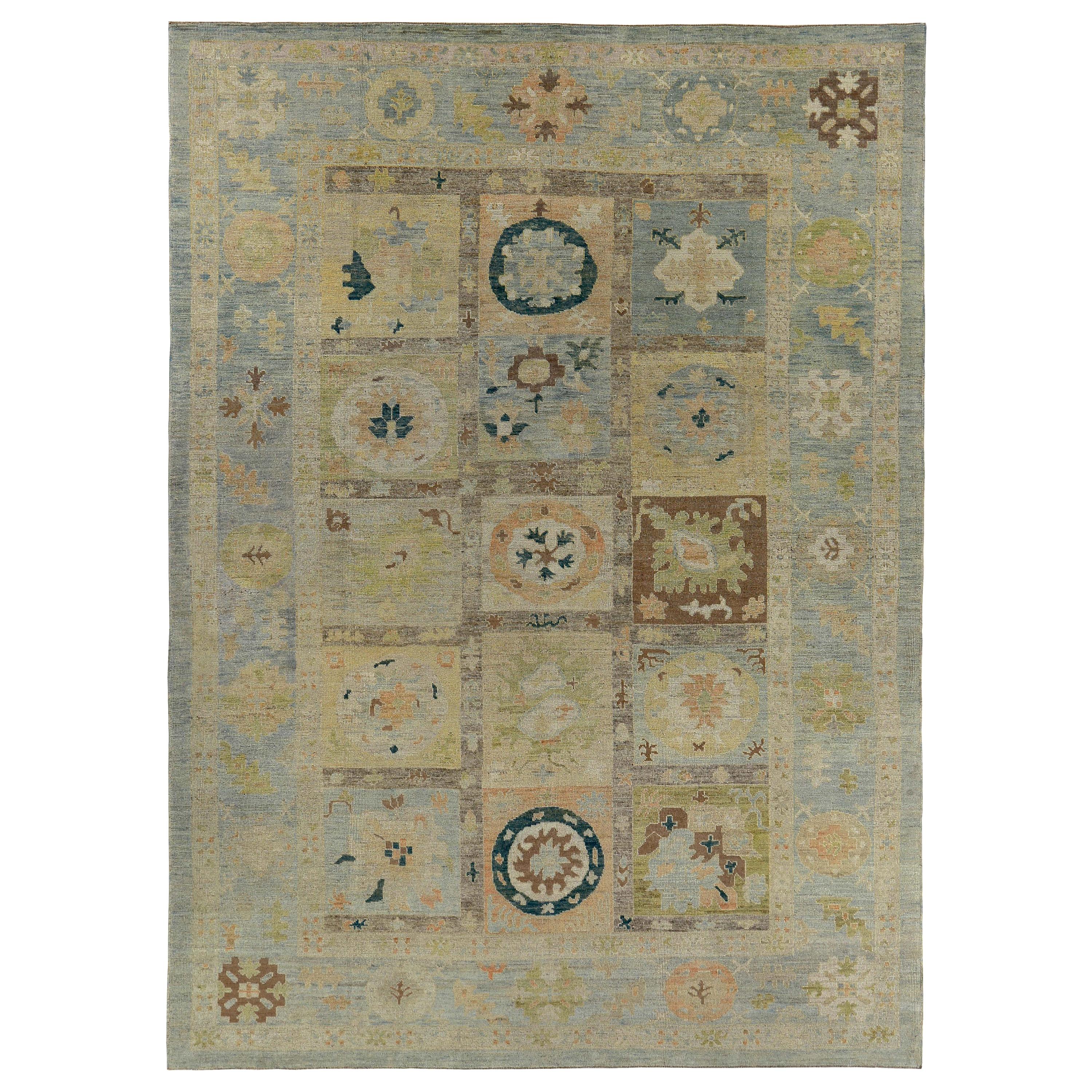 New Turkish Oushak Rug with Orange and Yellow Floral Design on a Blue Field For Sale