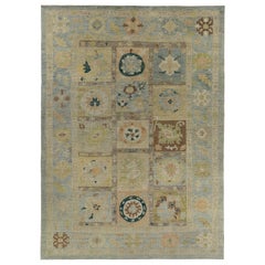 New Turkish Oushak Rug with Orange and Yellow Floral Design on a Blue Field