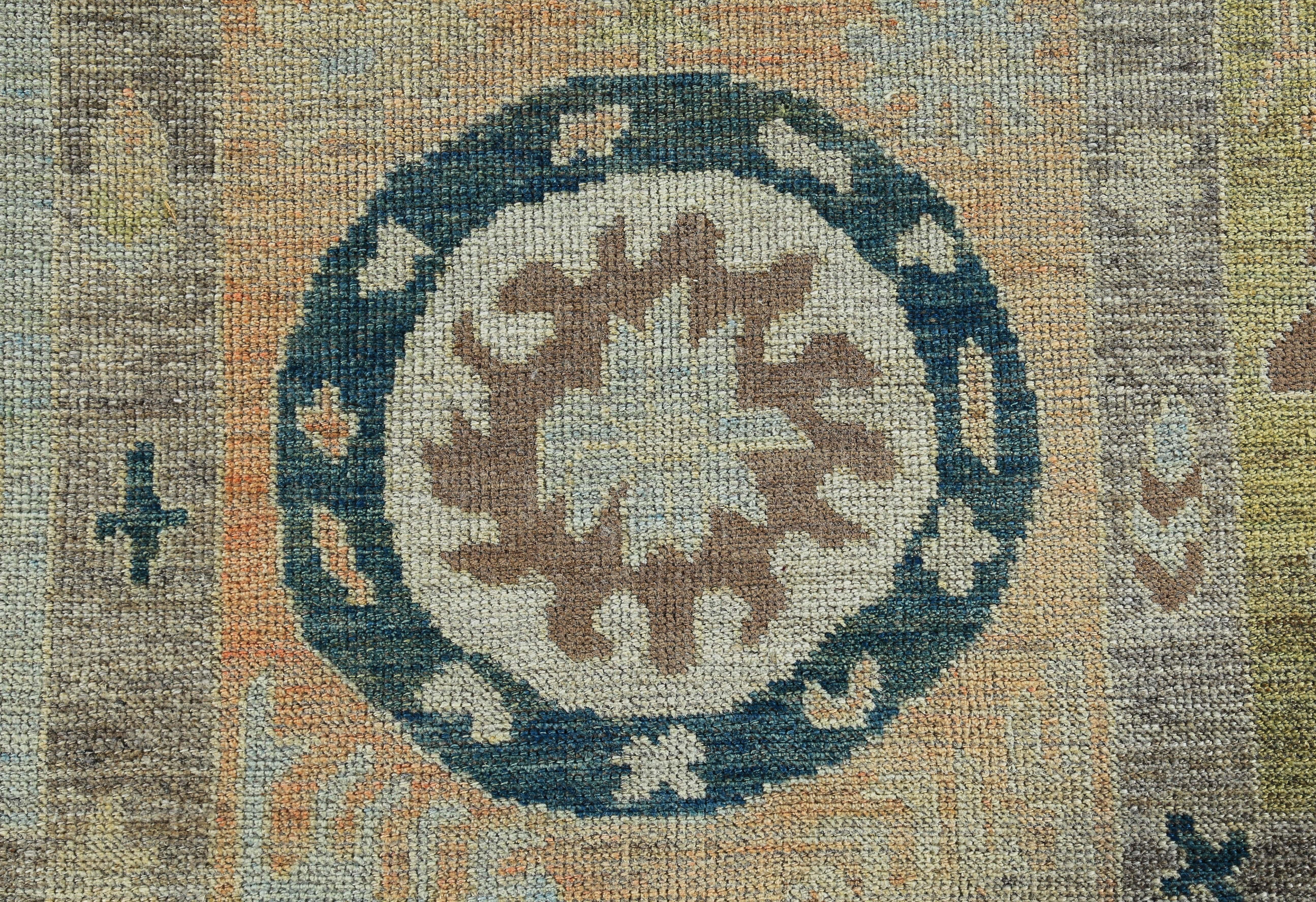 Hand-Woven New Turkish Oushak Rug with Orange and Yellow Floral Design on a Blue Field For Sale