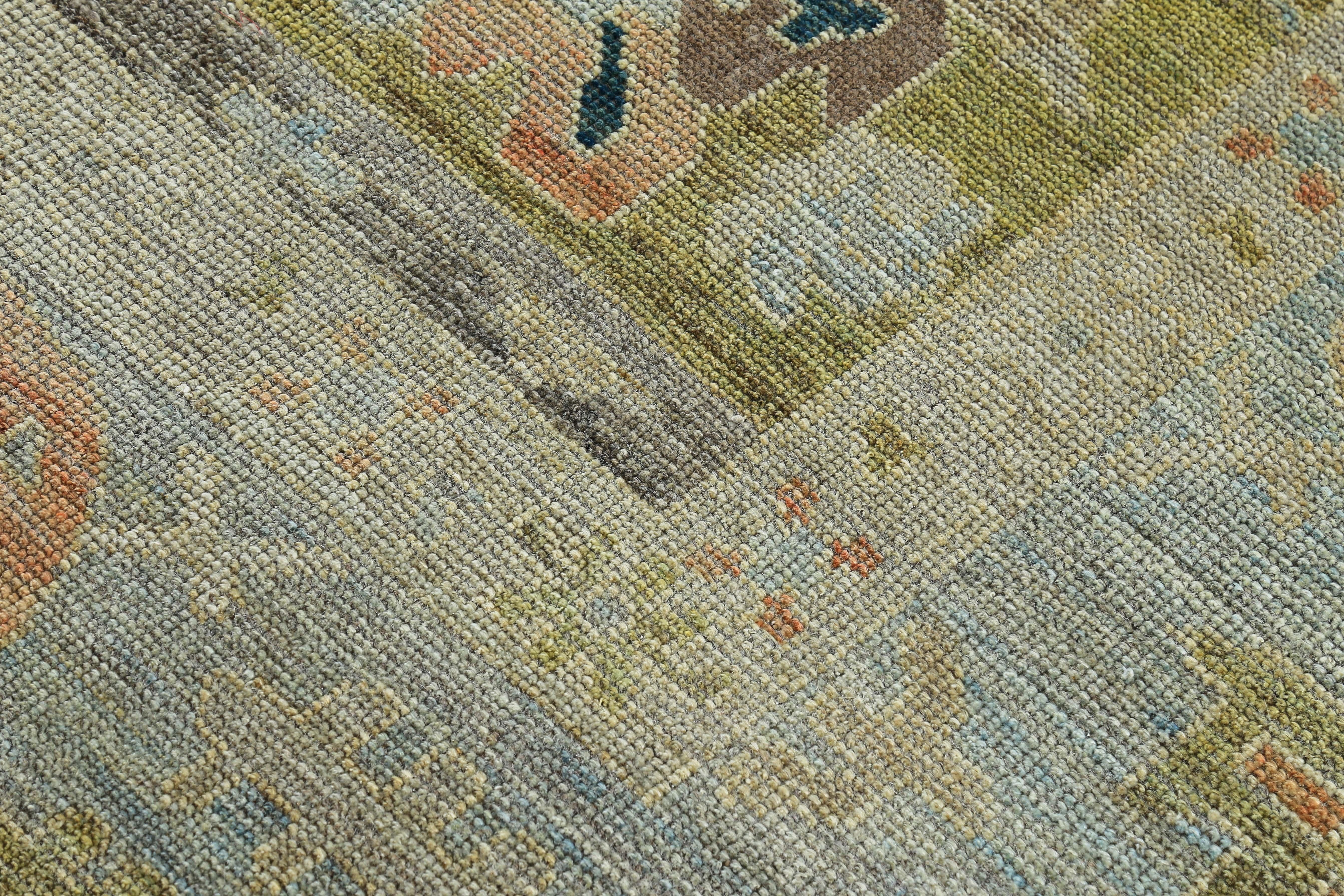 Contemporary New Turkish Oushak Rug with Orange and Yellow Floral Design on a Blue Field For Sale